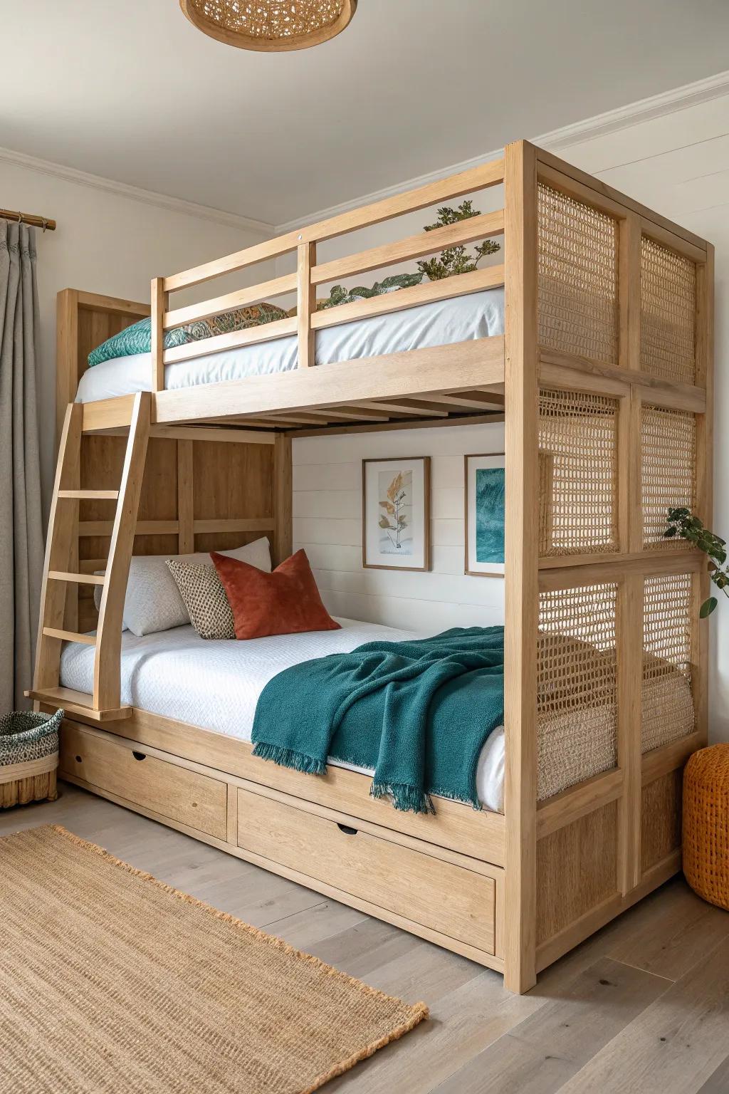 Tiny room, big hosting: adult bunk bed with a hidden trundle for a chic triple-sleep setup.