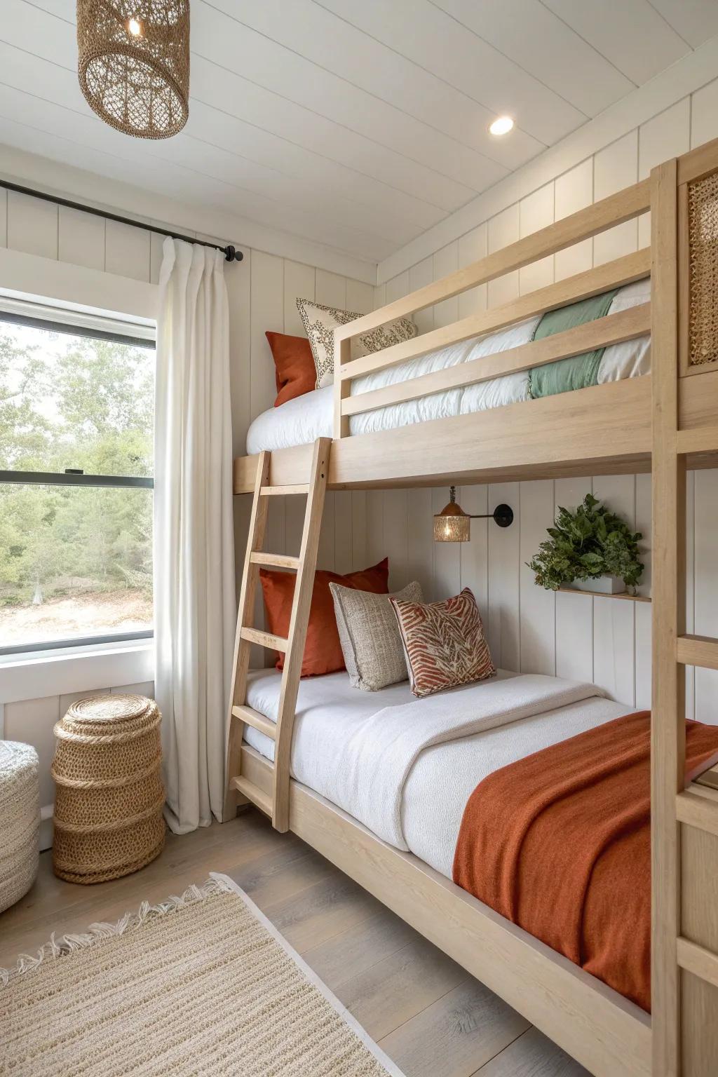 Symmetrical built-in bunks framing a window—bright, balanced, and made for small spaces.