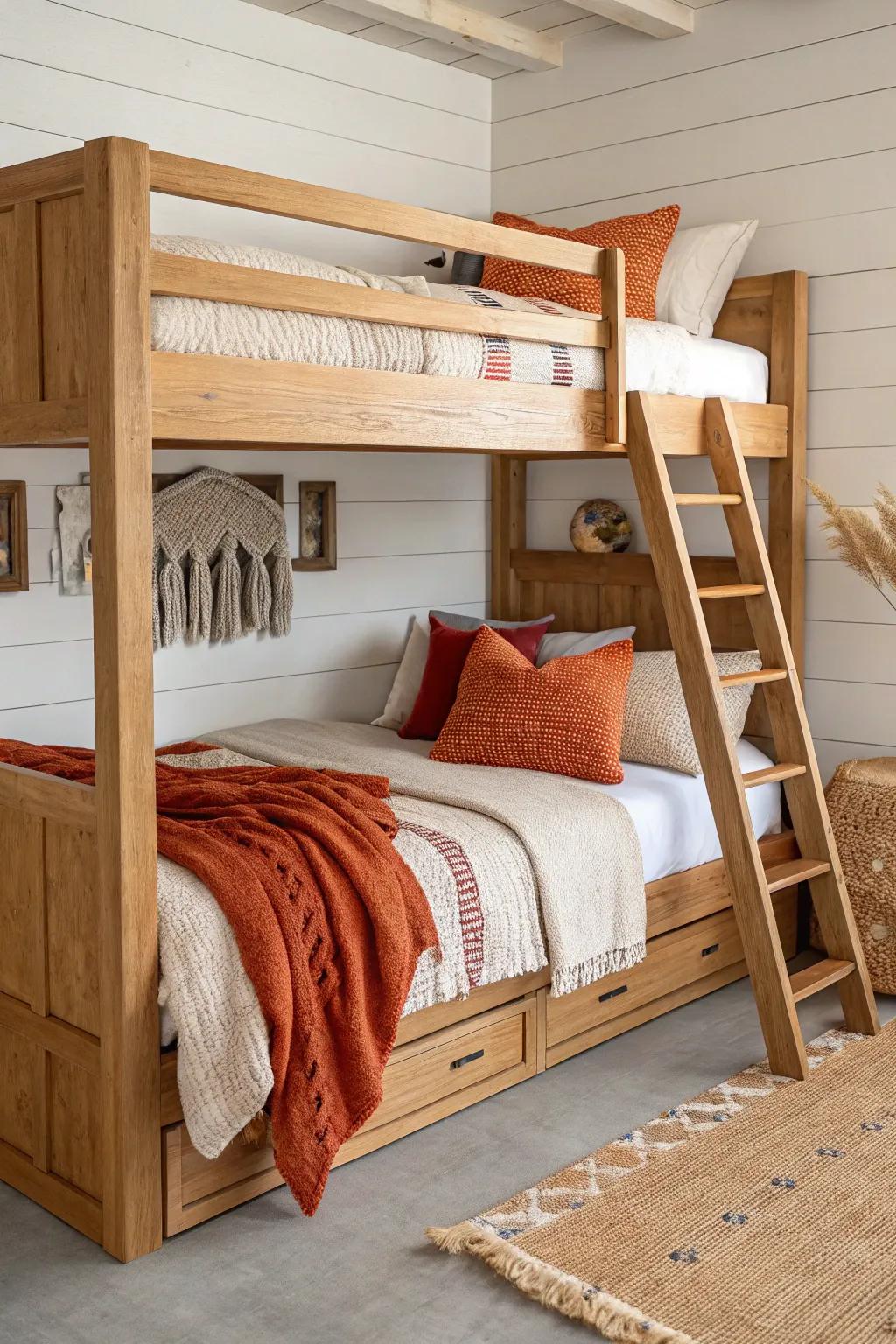 Warm wood adult bunks + layered neutrals create that elevated, cabin-cozy built-in look.
