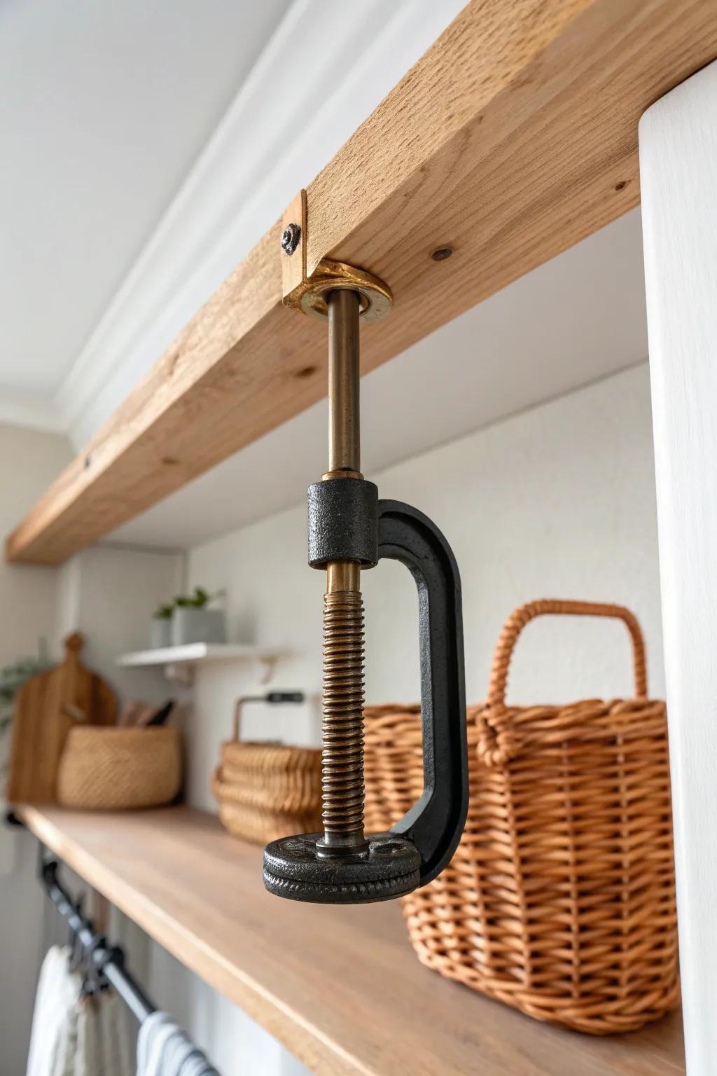 Use the ceiling: a simple pipe hanger turns one C-clamp into stylish overhead storage.