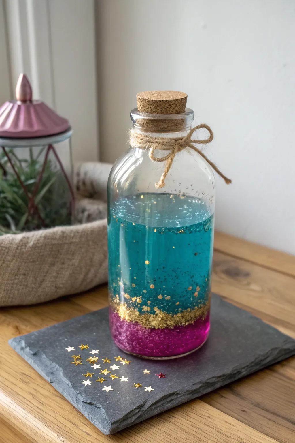DIY calm-down bottle: soothing swirls for a tiny calm corner—minimal, boho, and spill-proof.