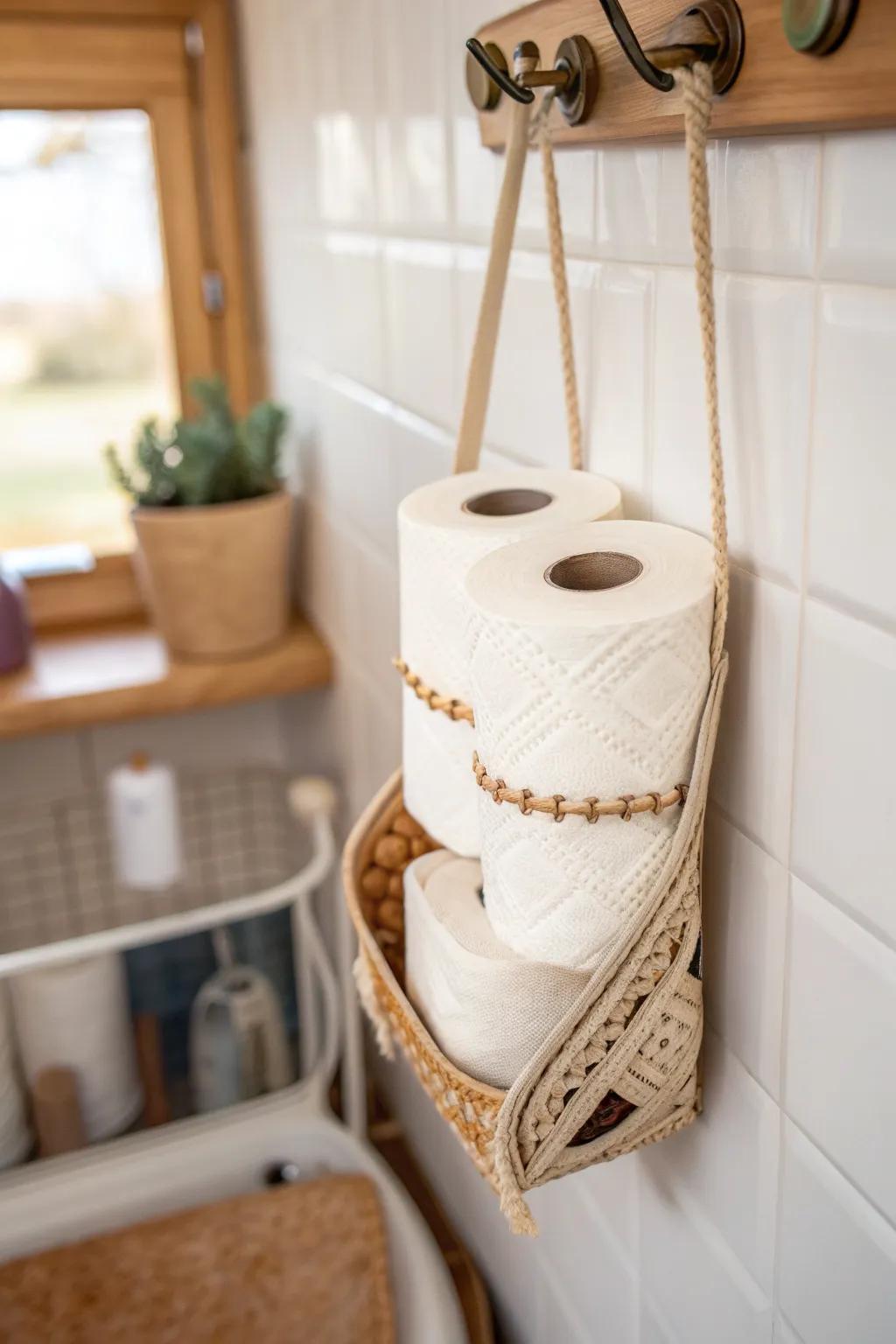 A slim vertical holder keeps spare rolls clean and dust-free without stealing knee room.