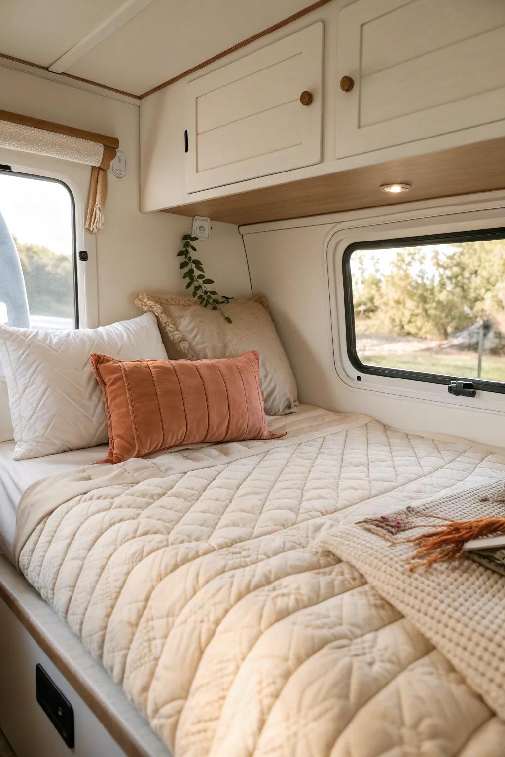 Soft neutral bedding and a light quilt make a cab-over bunk feel brighter and calmer.