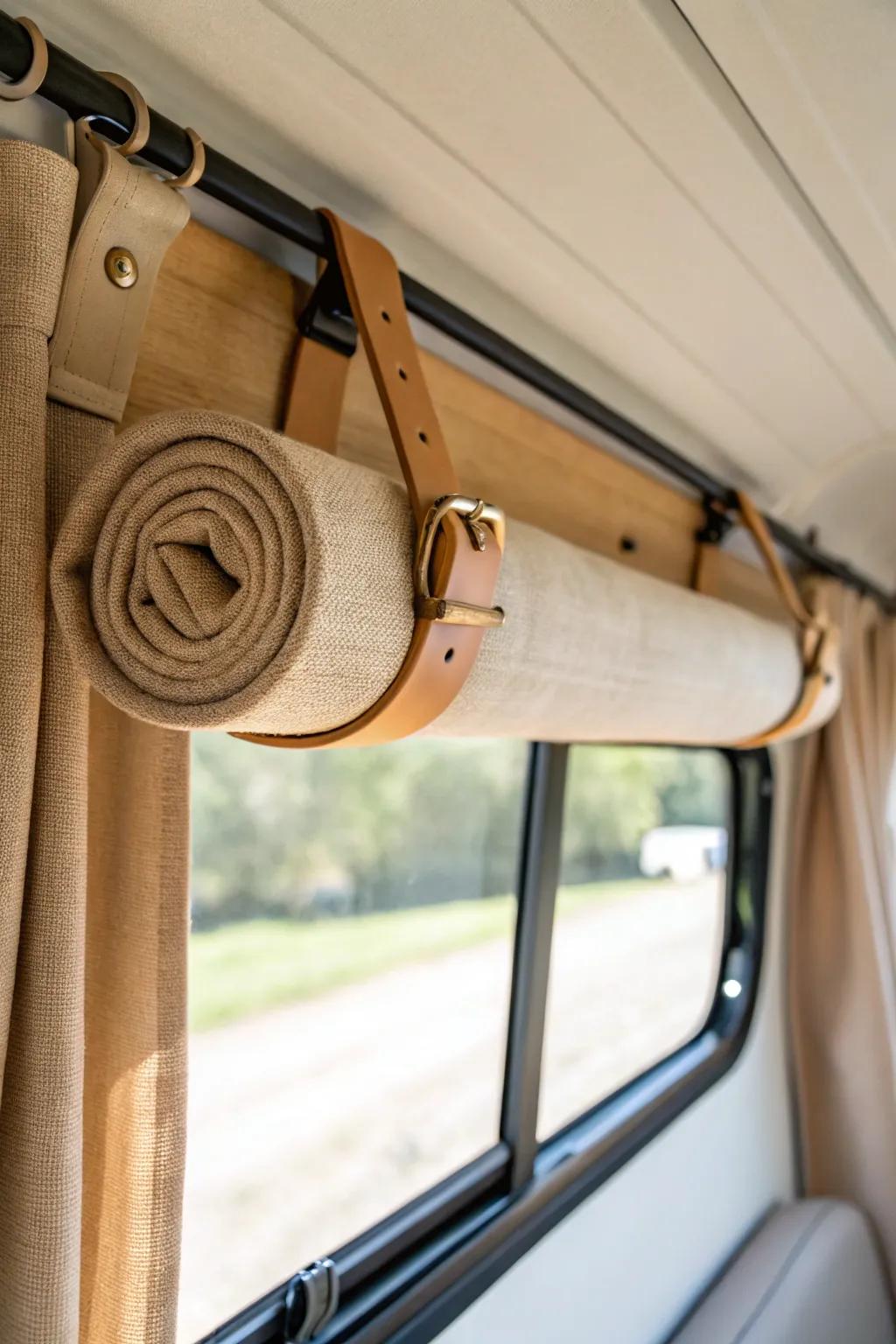 Roll-up camper curtain with leather straps—neat, space-saving, and beautifully styled.