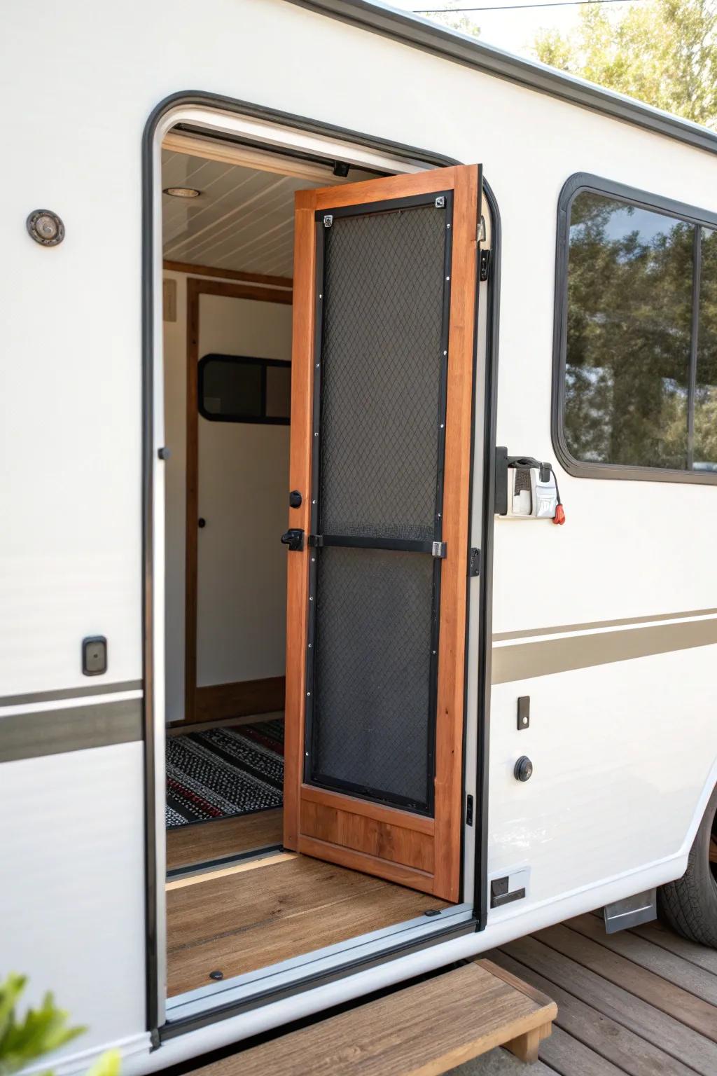 Give your camper entry a chic refresh with a sturdy, clean-lined screen door + kick plate.