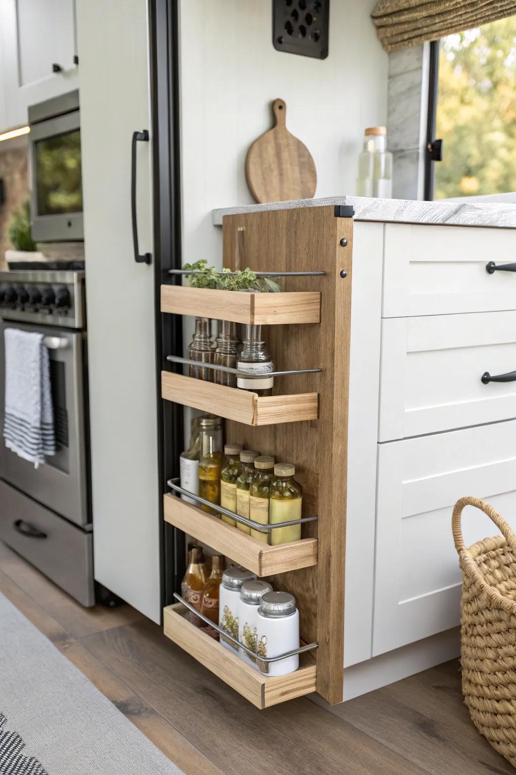 Turn that skinny camper gap into a pull-out pantry—perfect for oils, cans, and grab-and-go snacks.