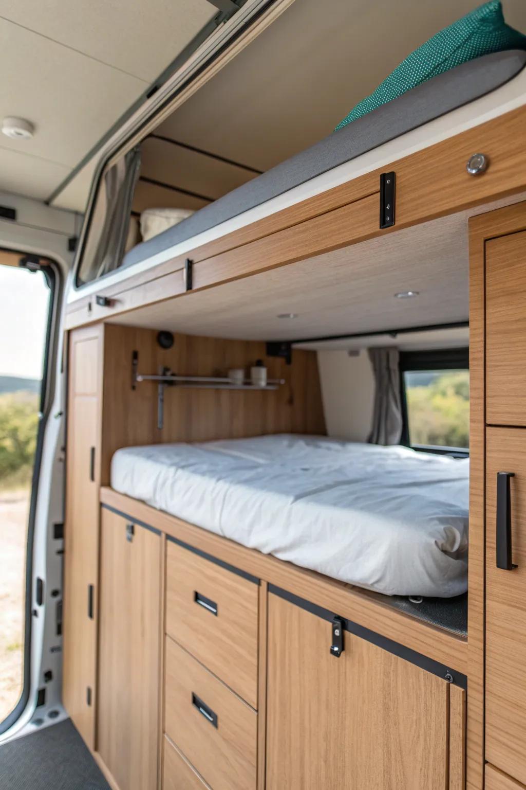 Fold-down loft bed above warm wood cabinets—sleep up high, keep storage sleek and uncluttered.