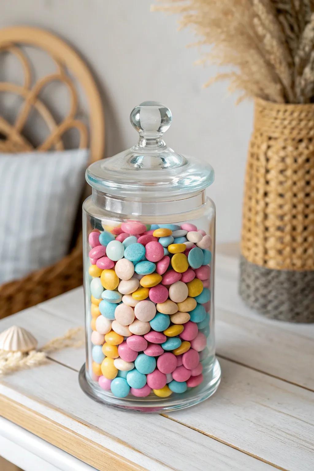 Elevate your candy display with elegant apothecary jars for a touch of sophistication and style.