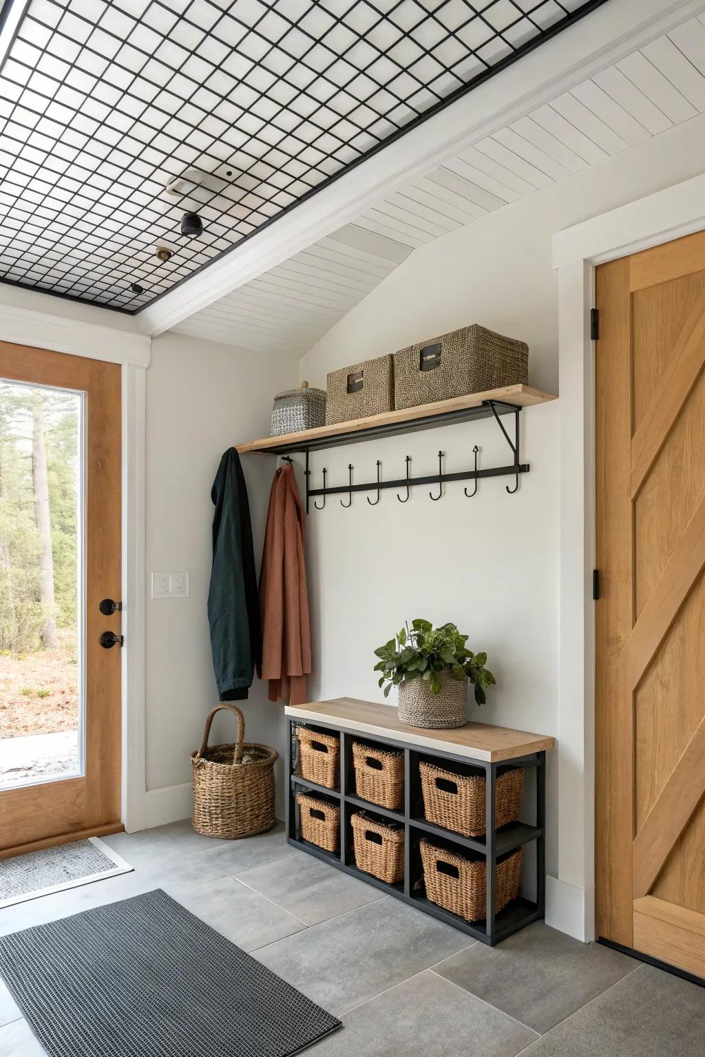 Bold suspended grid shelf keeps bulky totes overhead—more floor space, instantly airier.