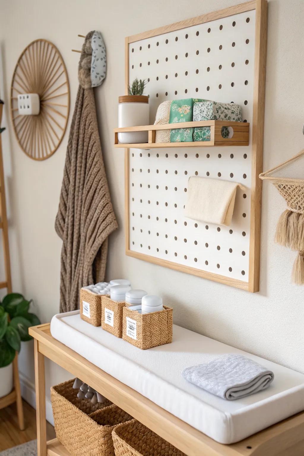 A pegboard above the changing pad keeps tiny essentials organized without stealing floor space.