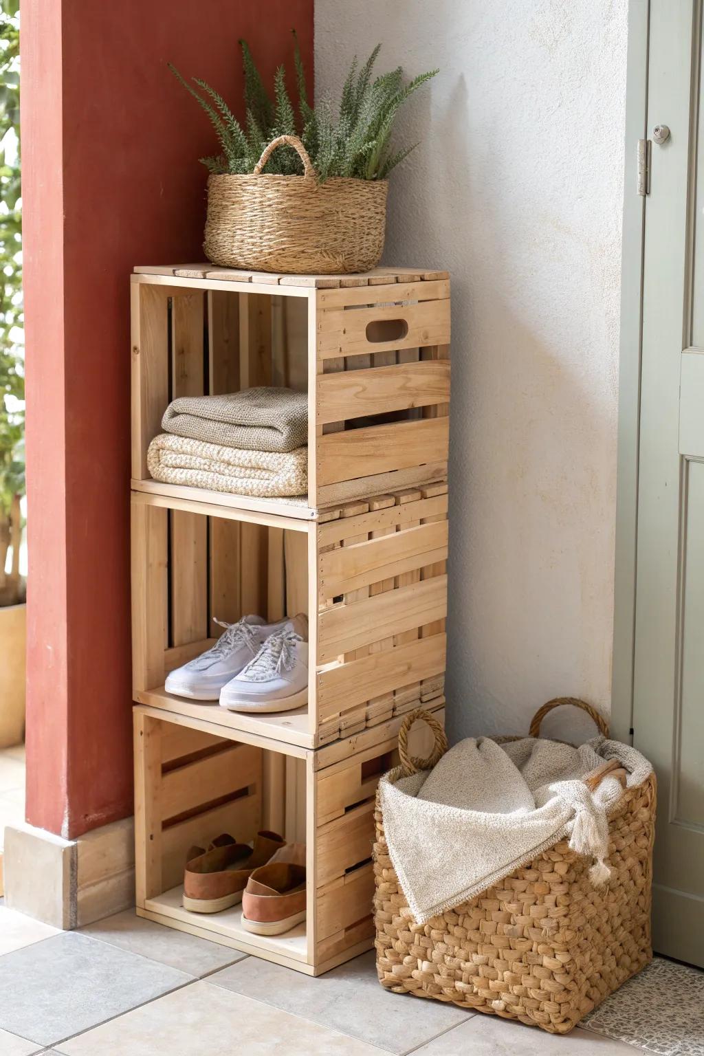 Stacked wooden crates = chic modular shelves—cheap, flexible, and small-space friendly.