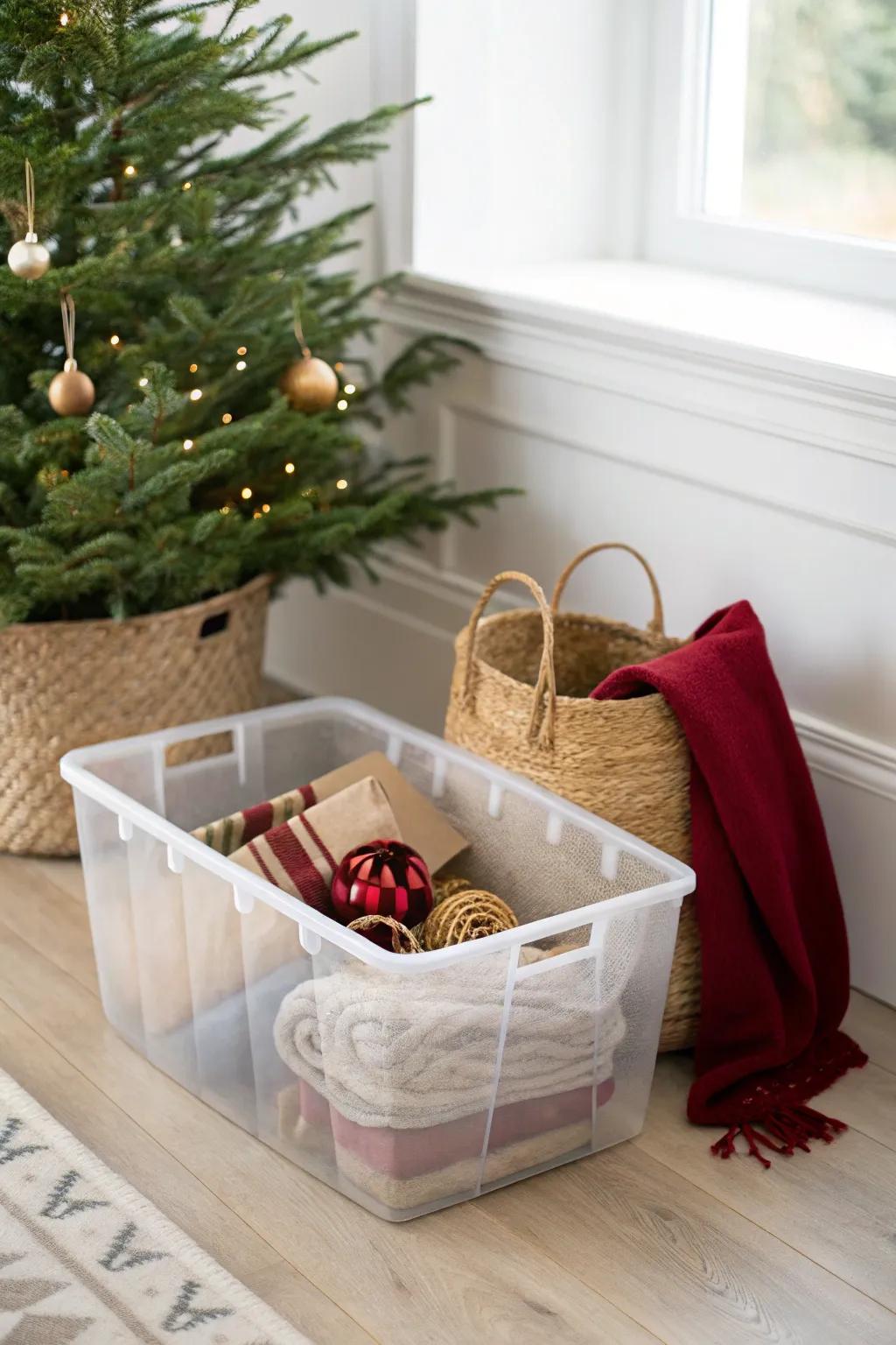 A pack-up station by the tree: open bin, wrap as you go, and keep the room livable.