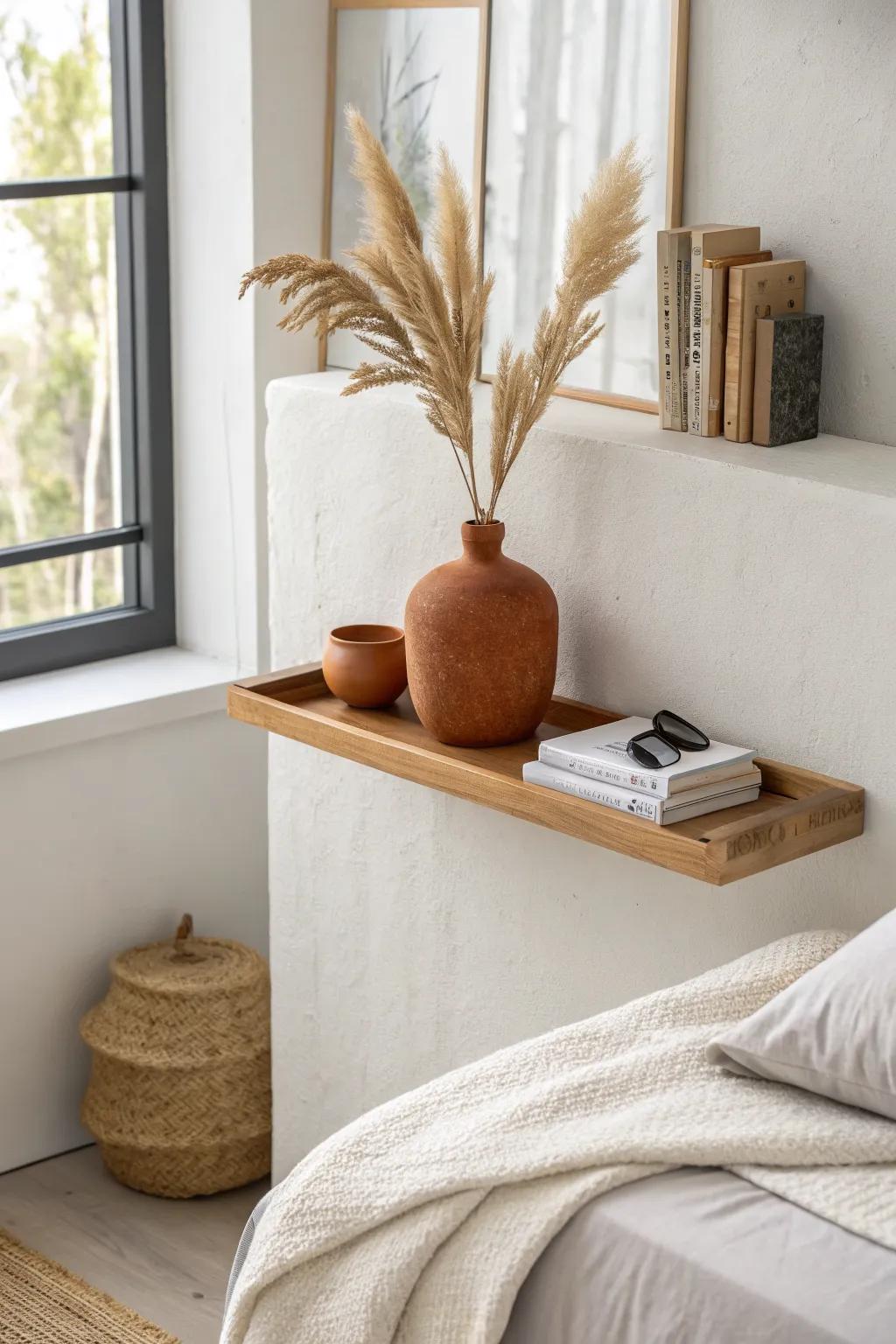 Floating shelves keep floors clear—style with one bold piece for a clean, open look.