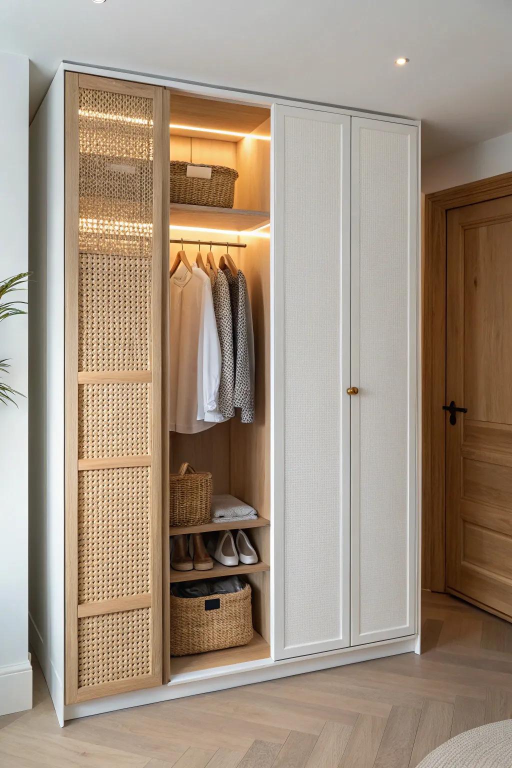 Built‑in LED strips make a small closet cabinet feel boutique—see everything at a glance.