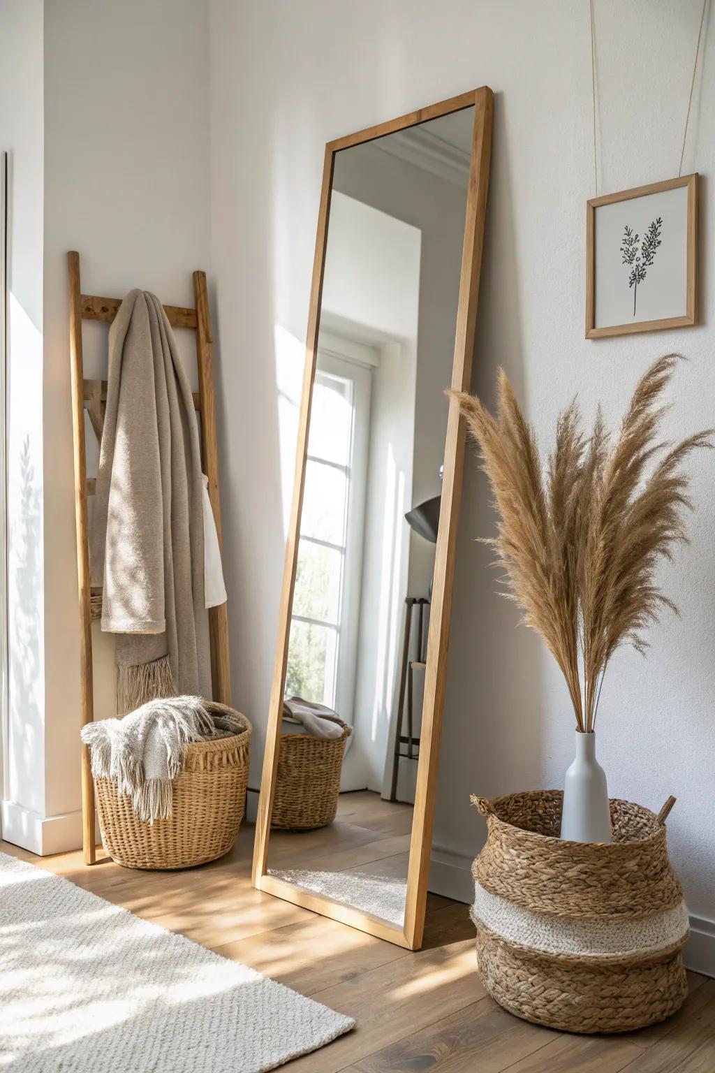 A corner-wrapped full-length mirror that brightens the closet and frees up wall space.