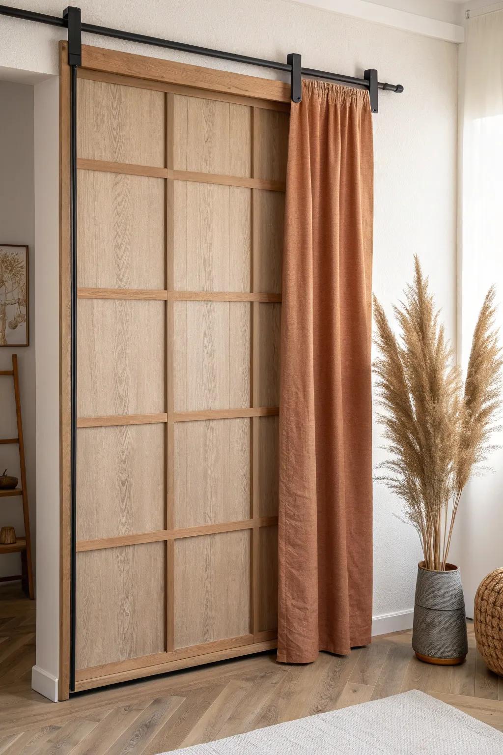 DIY fabric-backed lattice doors: warm terracotta linen + oak grid for a custom closet statement.