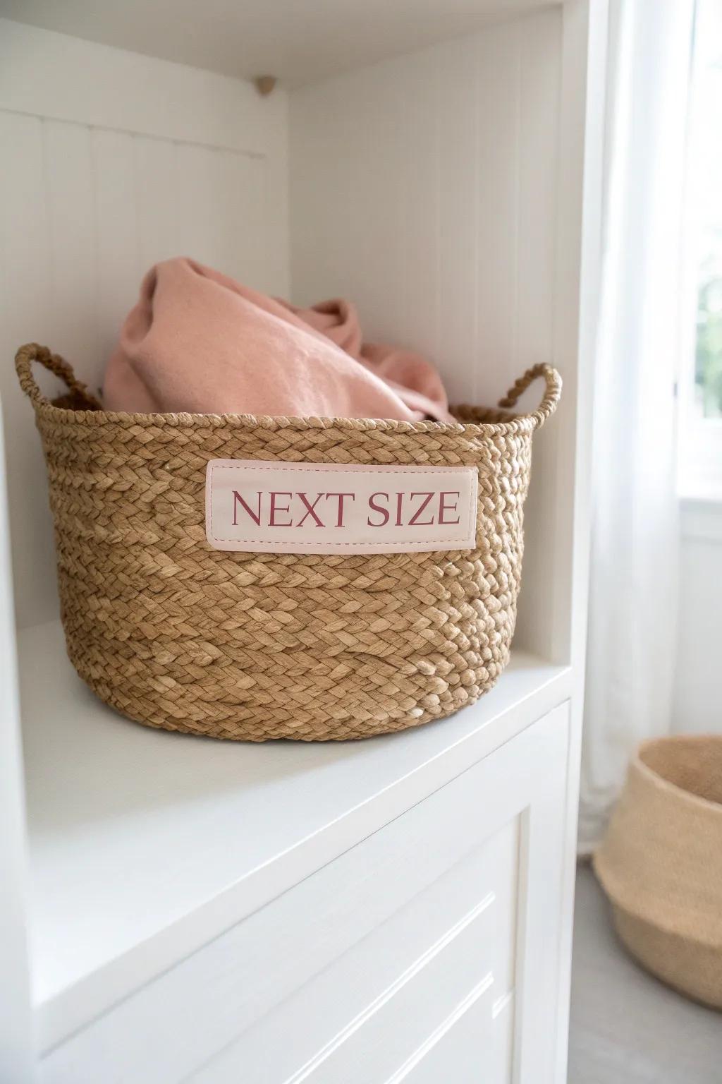 Use the top shelf as a “next size” zone—one labeled basket keeps future outfits tidy.
