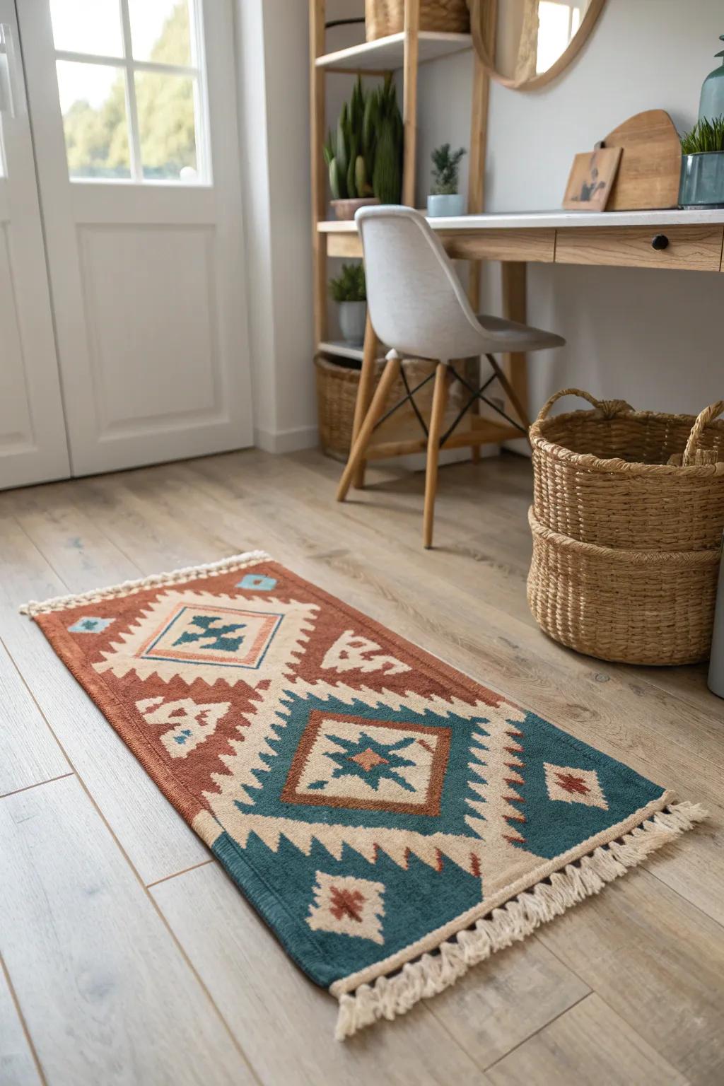 A low-pile mini rug defines a closet office nook beautifully—stylish contrast, smooth chair rolling.