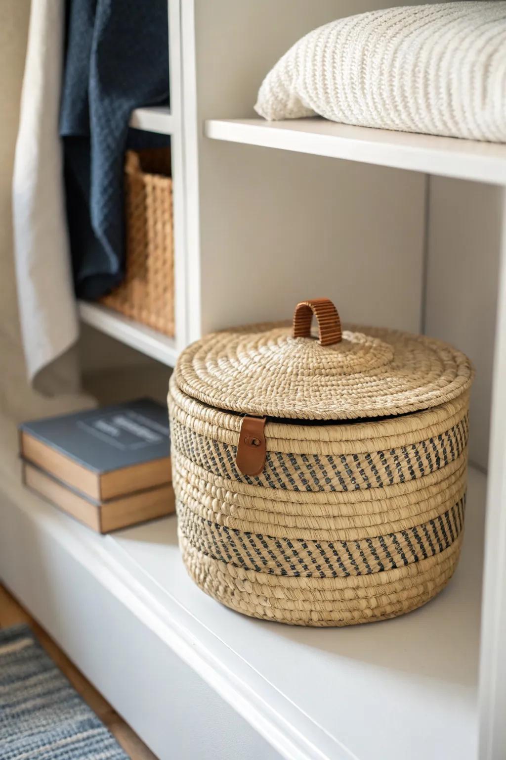 Matching baskets keep your closet reading nook calm—hide chargers, bookmarks, and extras fast.