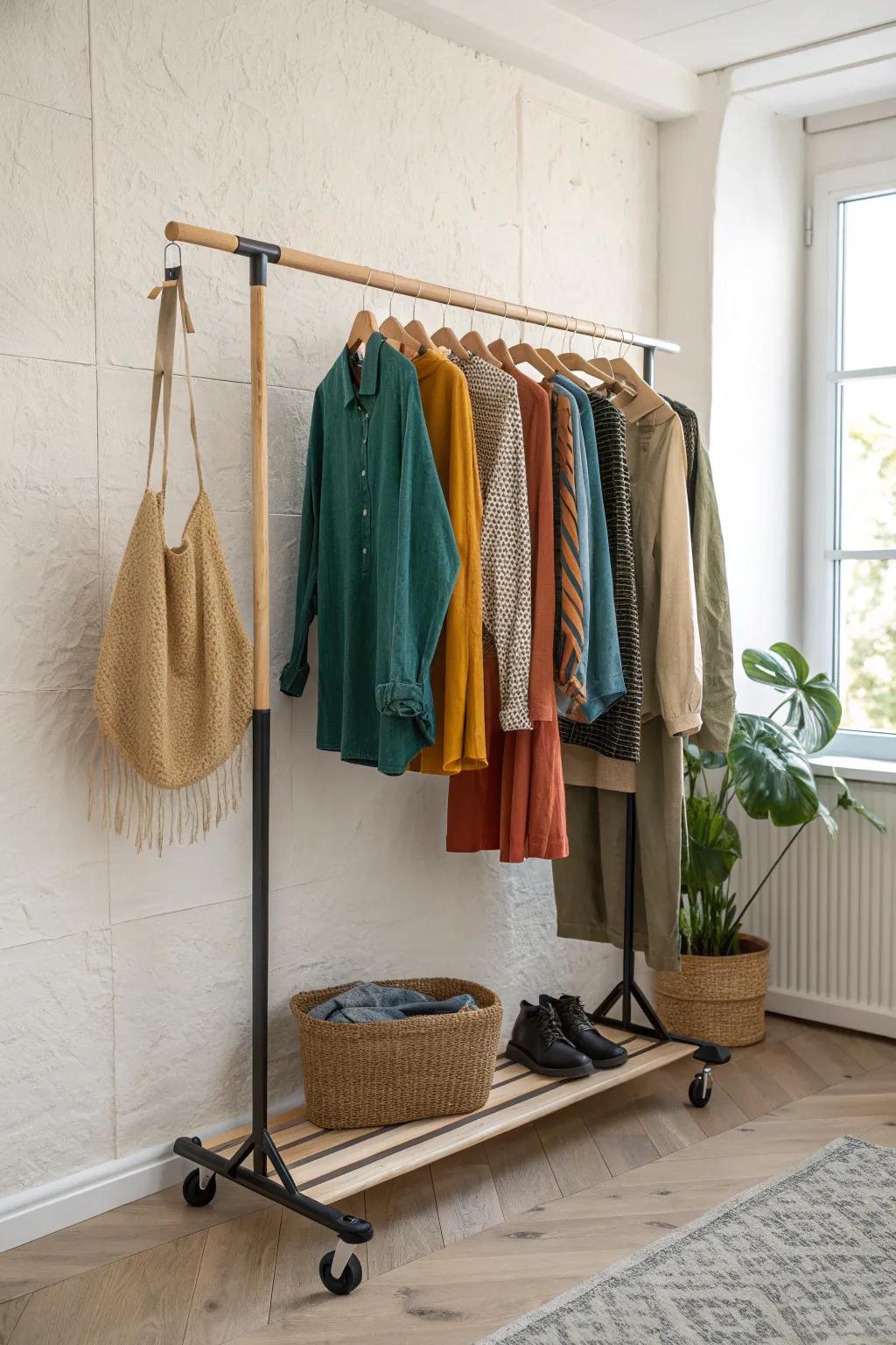 A chic rolling rack for weekly outfits—bold color, calm mornings, and small-space ease.