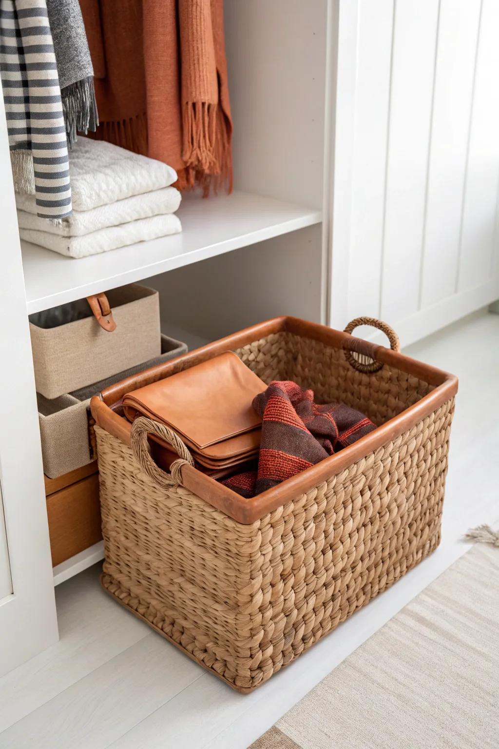 Handwoven slide-out basket turns that deep closet corner into an easy-grab zone today.