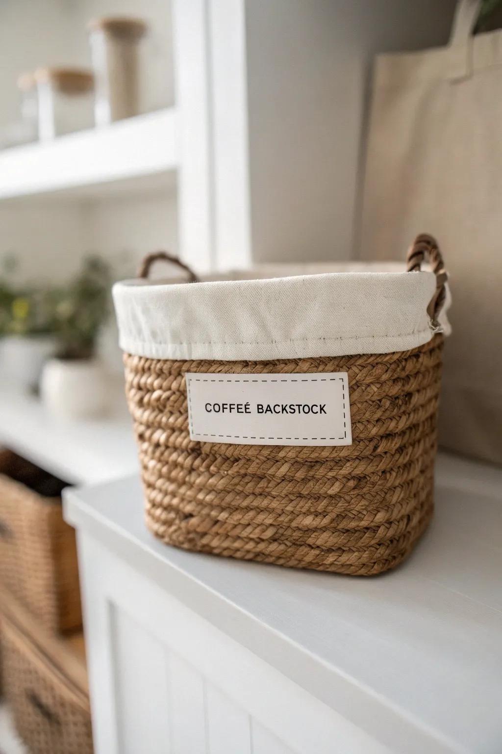 Keep your coffee bar clutter-free—stash backups in a labeled woven basket inside the cabinet.