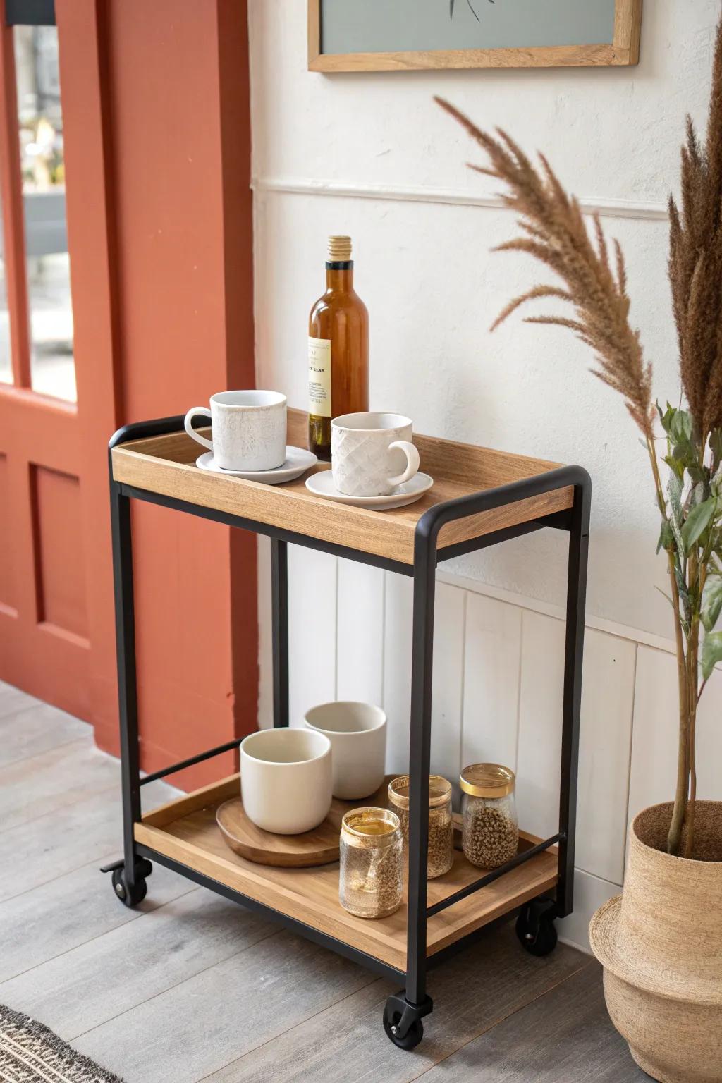 Open shelf above a rolling cart: mugs and syrups up top, heavy coffee gear down below.