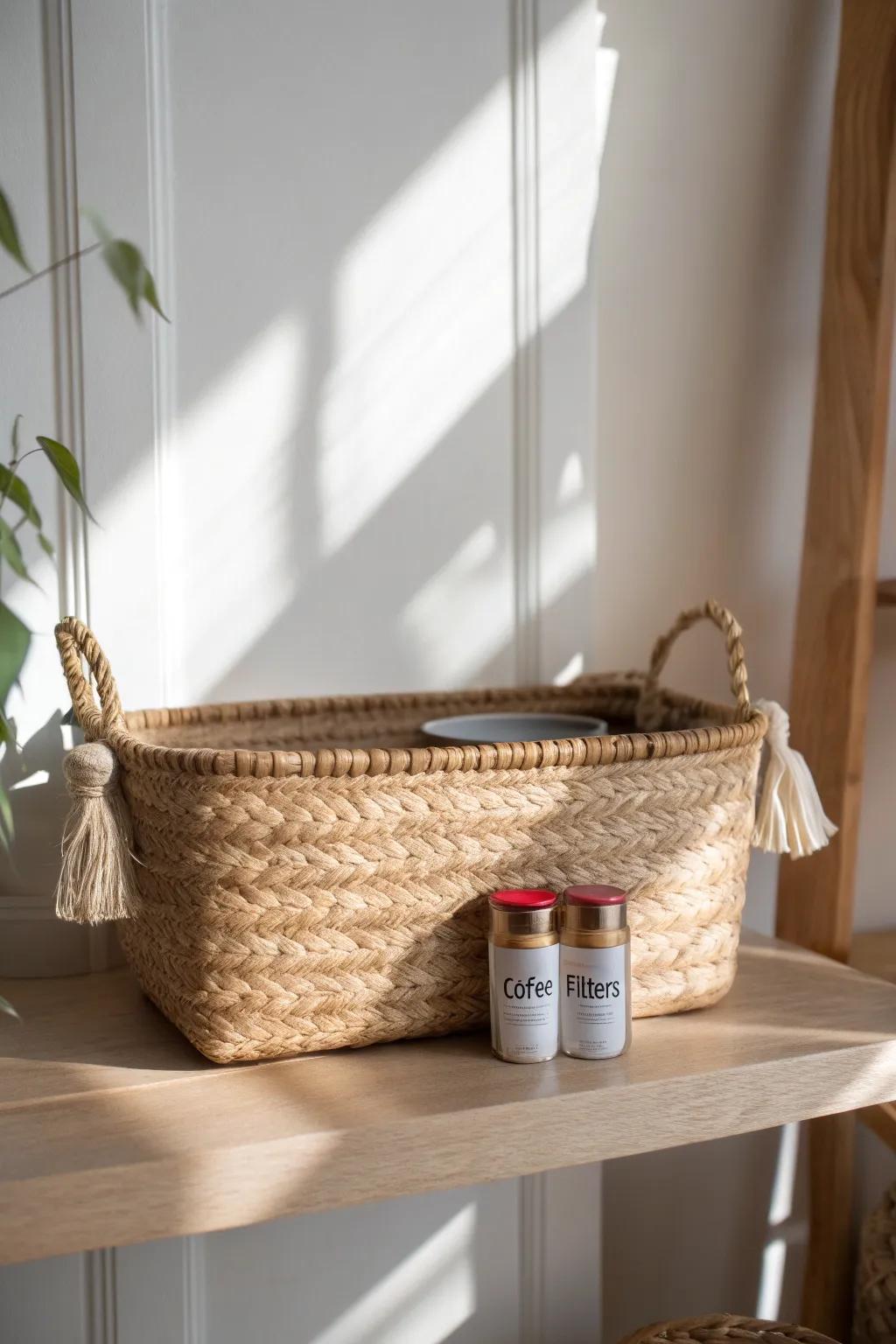 Basket-and-bin coffee corner: one beautiful woven basket keeps daily coffee essentials tidy.
