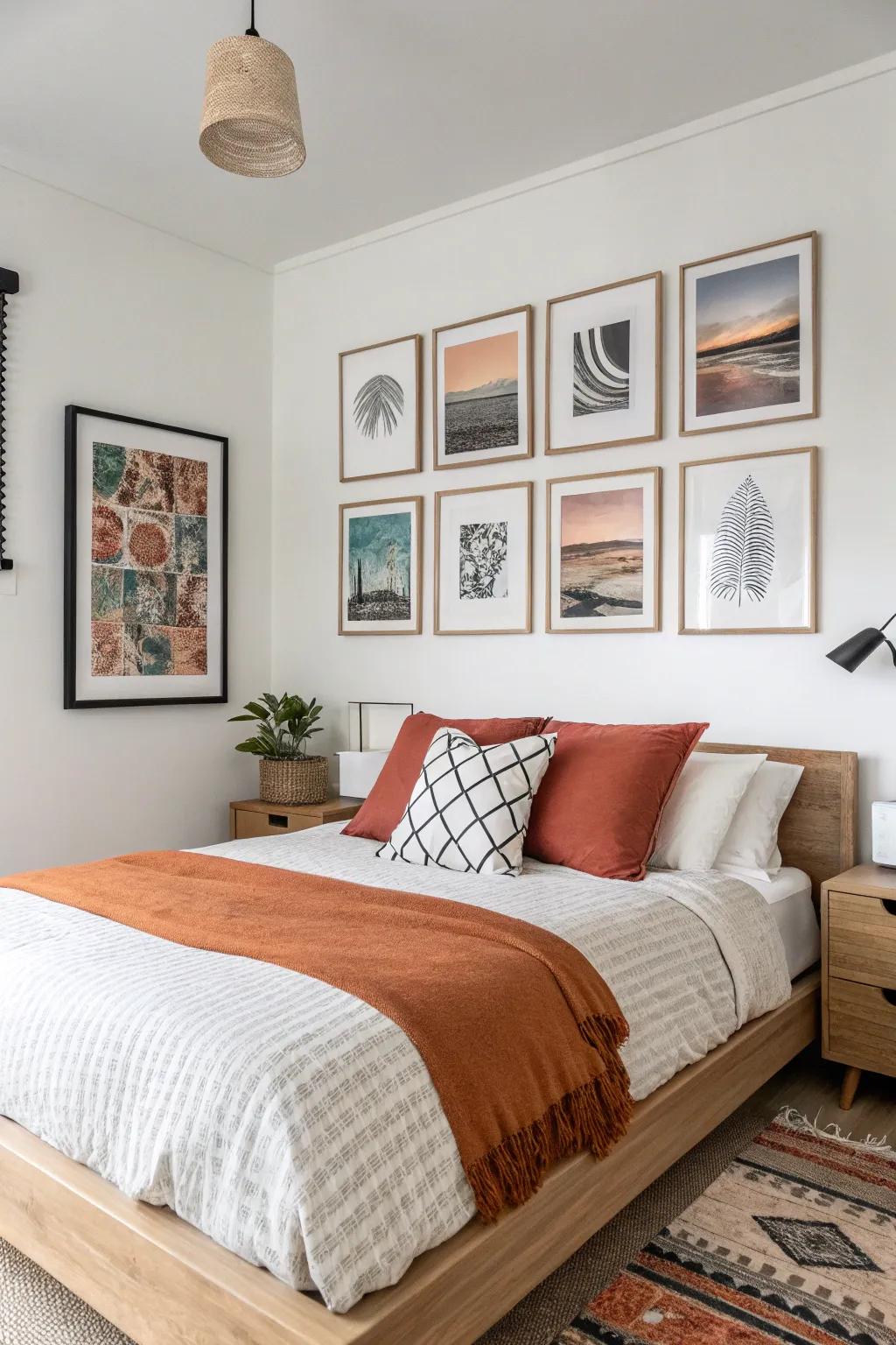 A cohesive gallery wall above the bed—mix prints and personal photos for a polished look.
