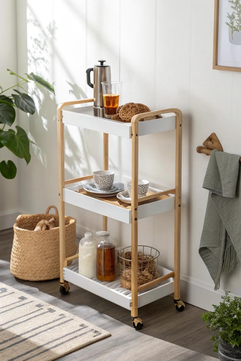 A rolling cart that doubles as coffee bar by day and snack station by night—small-space magic.