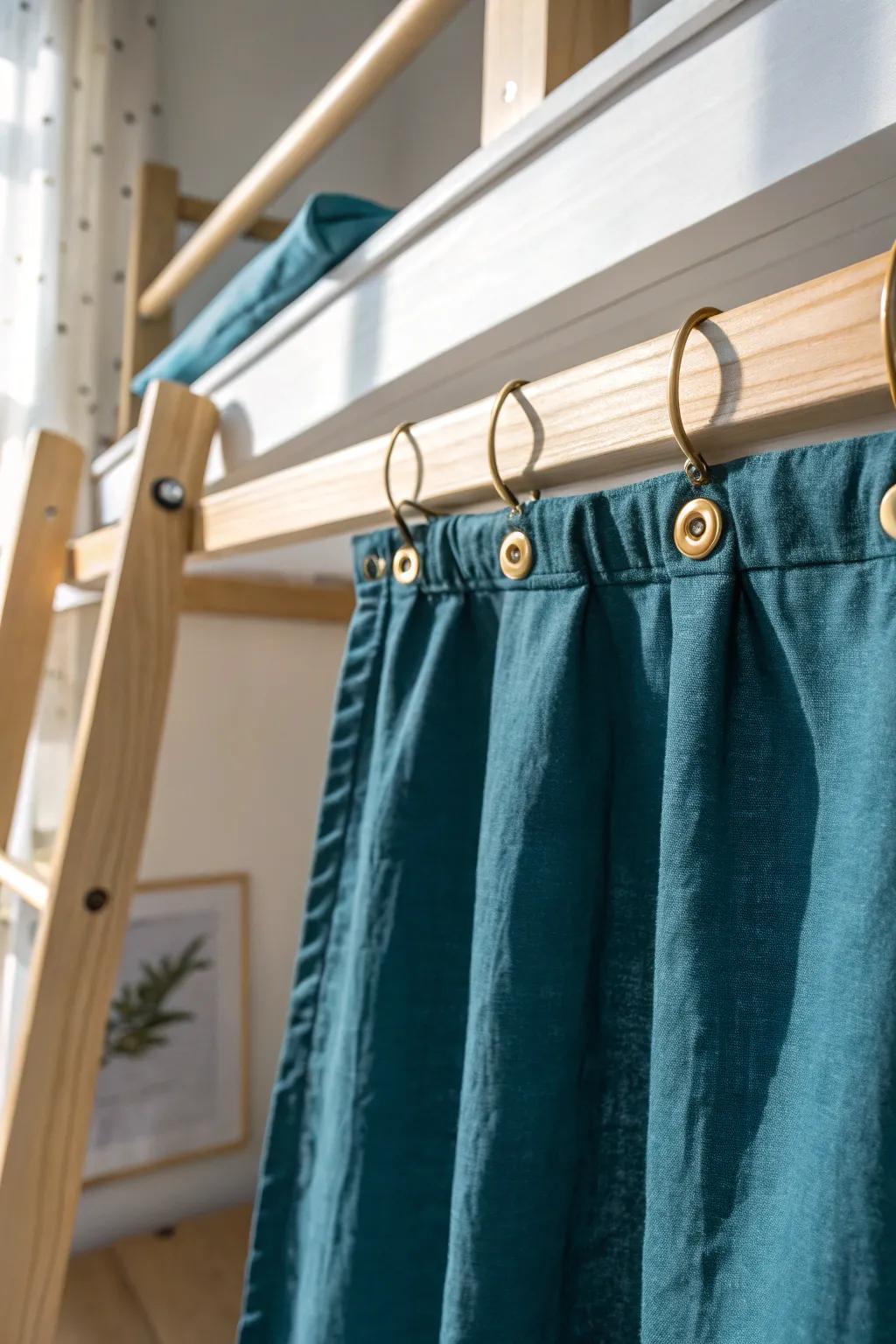 A linen privacy curtain turns the loft bed nook into a calm, hidden dorm hideaway.