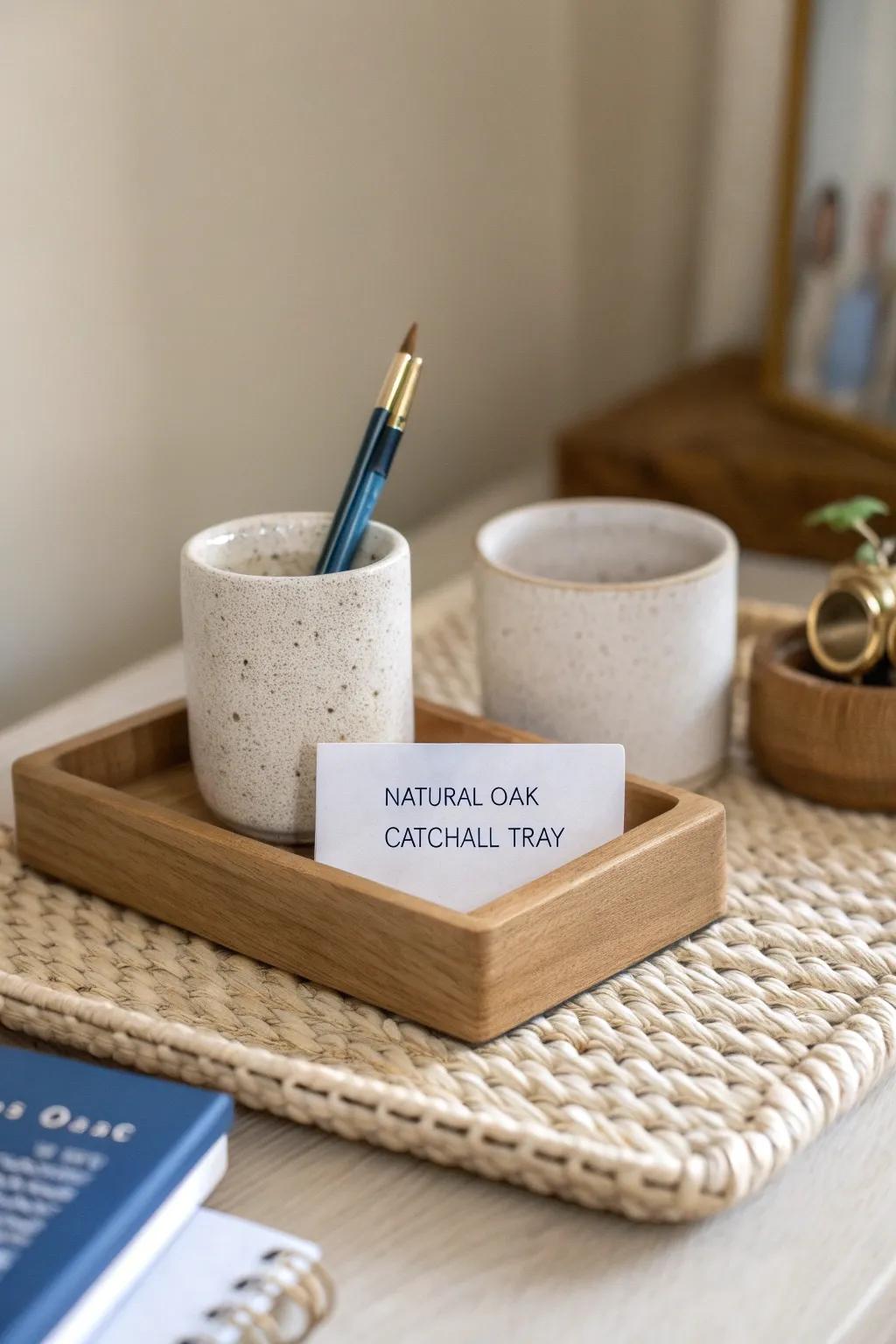 A grab-and-go desk zone: tray + cup + clip—tiny, tidy, and ready for study.