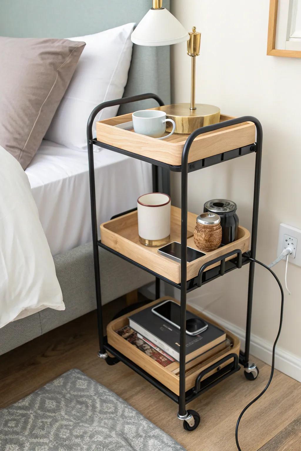 A slim rolling cart doubles as a nightstand—stylish storage for dorm essentials without bulk.