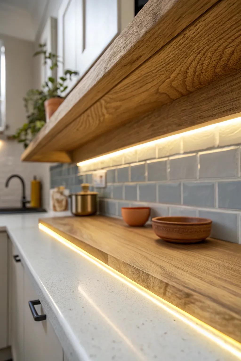 Warm under-shelf task lighting that makes a compact studio kitchen feel luxe and safer.