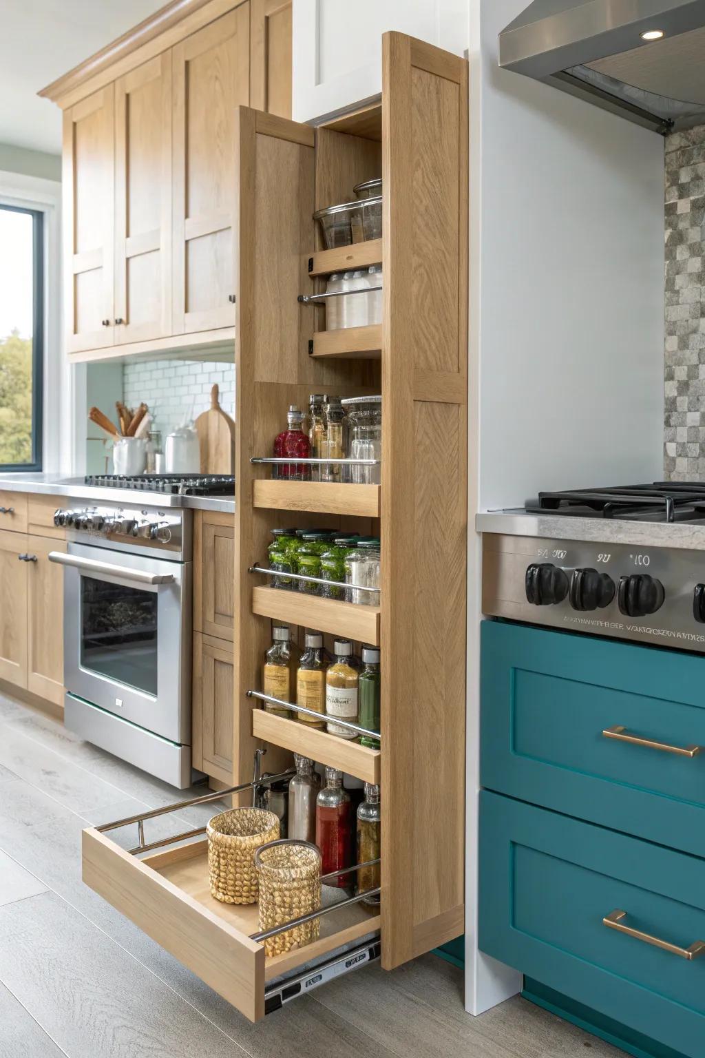 Turn skinny condo gaps into a sleek pull-out pantry—spices and oils, off the counter.