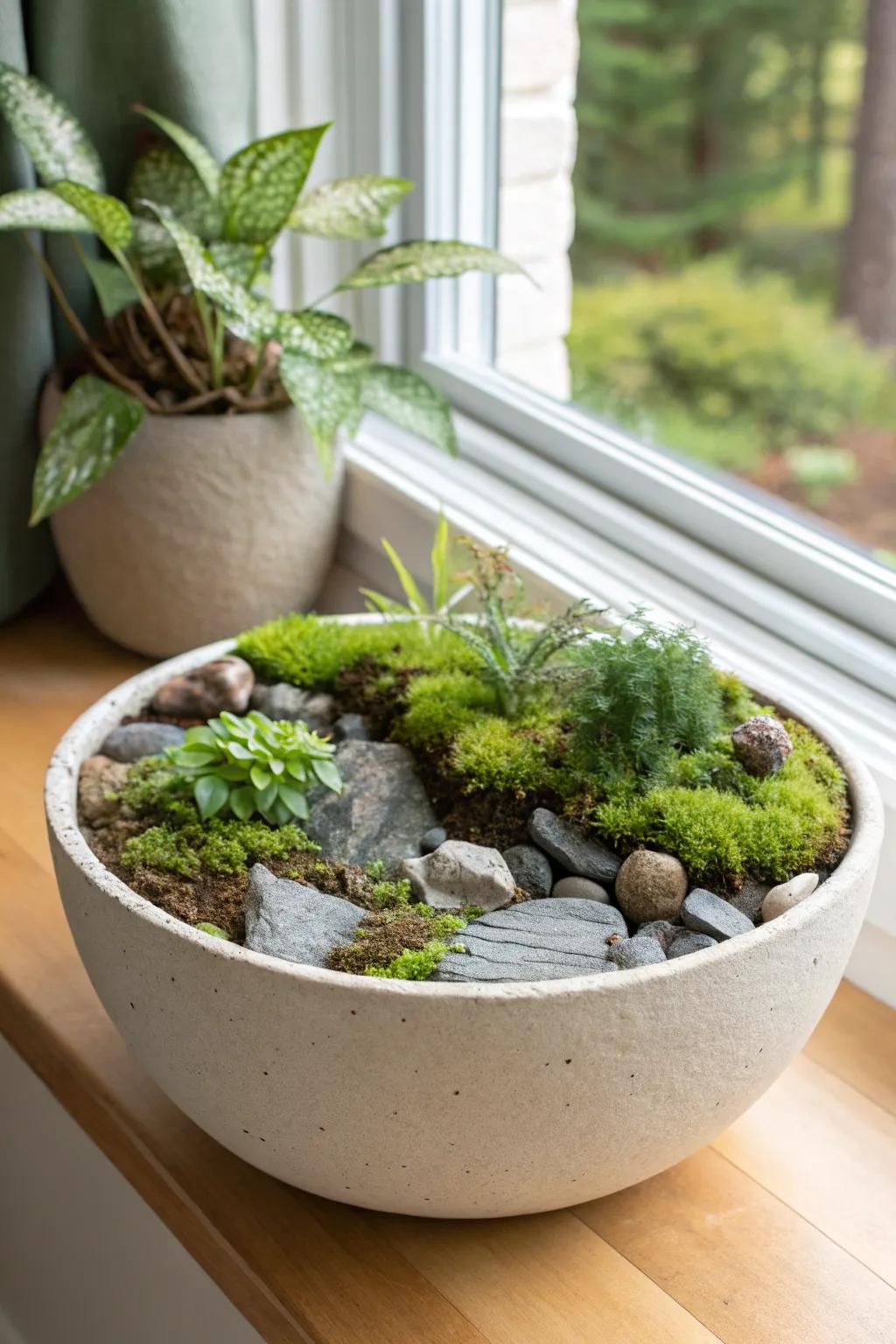 A mossy mountain bowl rock garden—soft, shady, and instantly established.