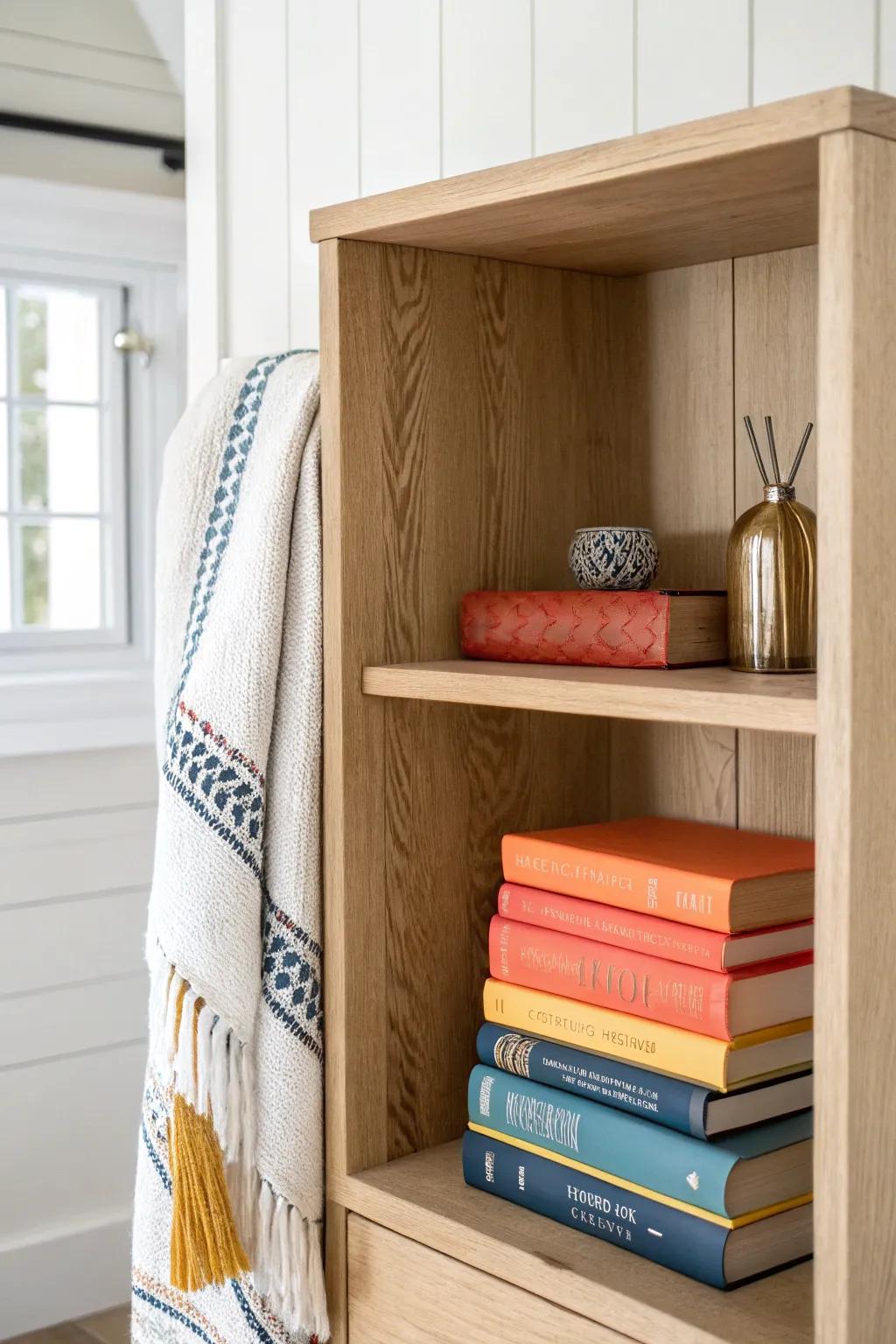 A doorless cabinet cookbook nook—airy, custom-looking storage without any renovation.