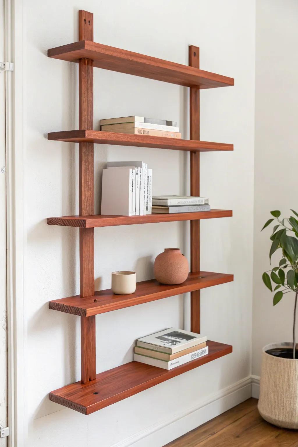 Staggered shelves turn a blank wall into art—perfect for tiny spaces and pretty paperbacks.