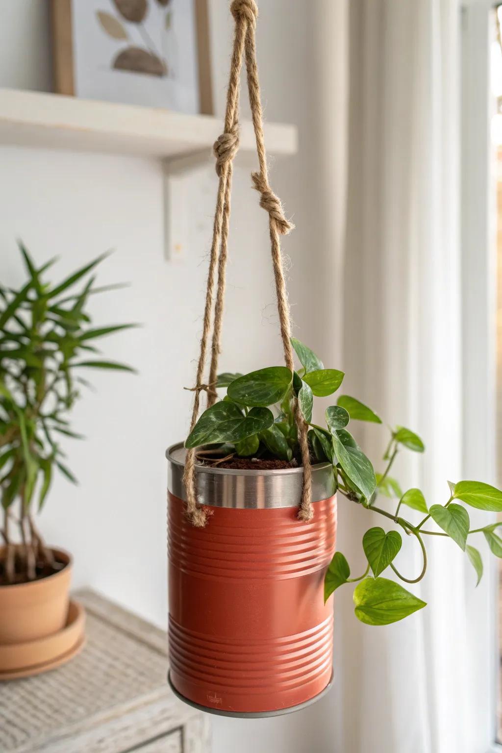A bold terracotta hanging tin-can planter that turns an empty corner into living wall art.