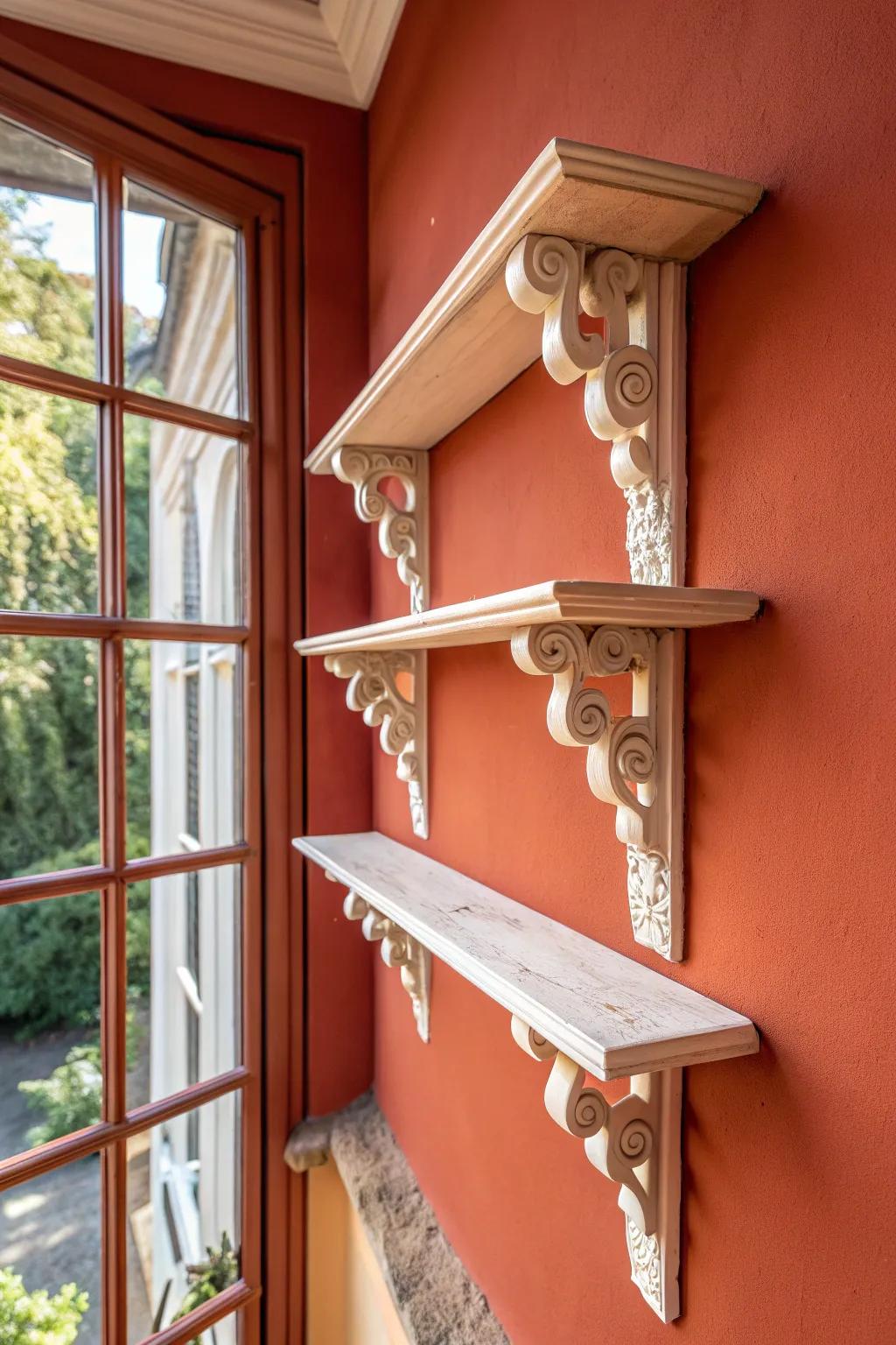 Long ledge with stacked corbels gives budget ‘built‑in’ charm—perfect for a wide wall