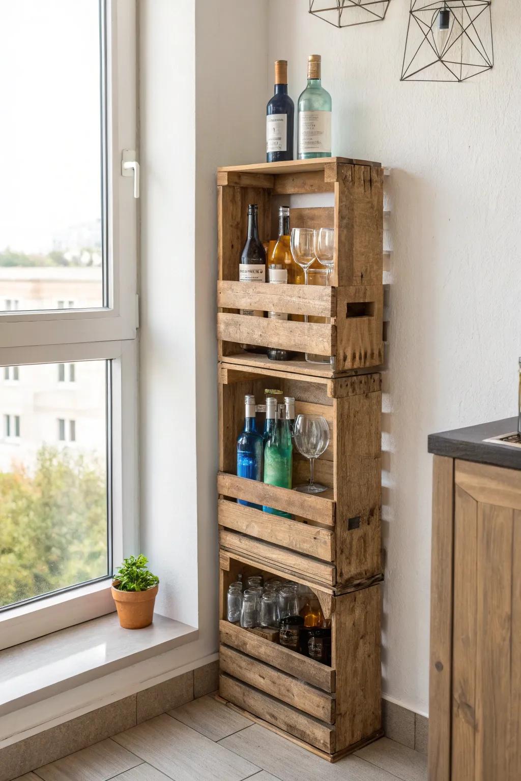 Crate-style corner bar wall: modular, minimal, and ready for your favorite colorful bottles.