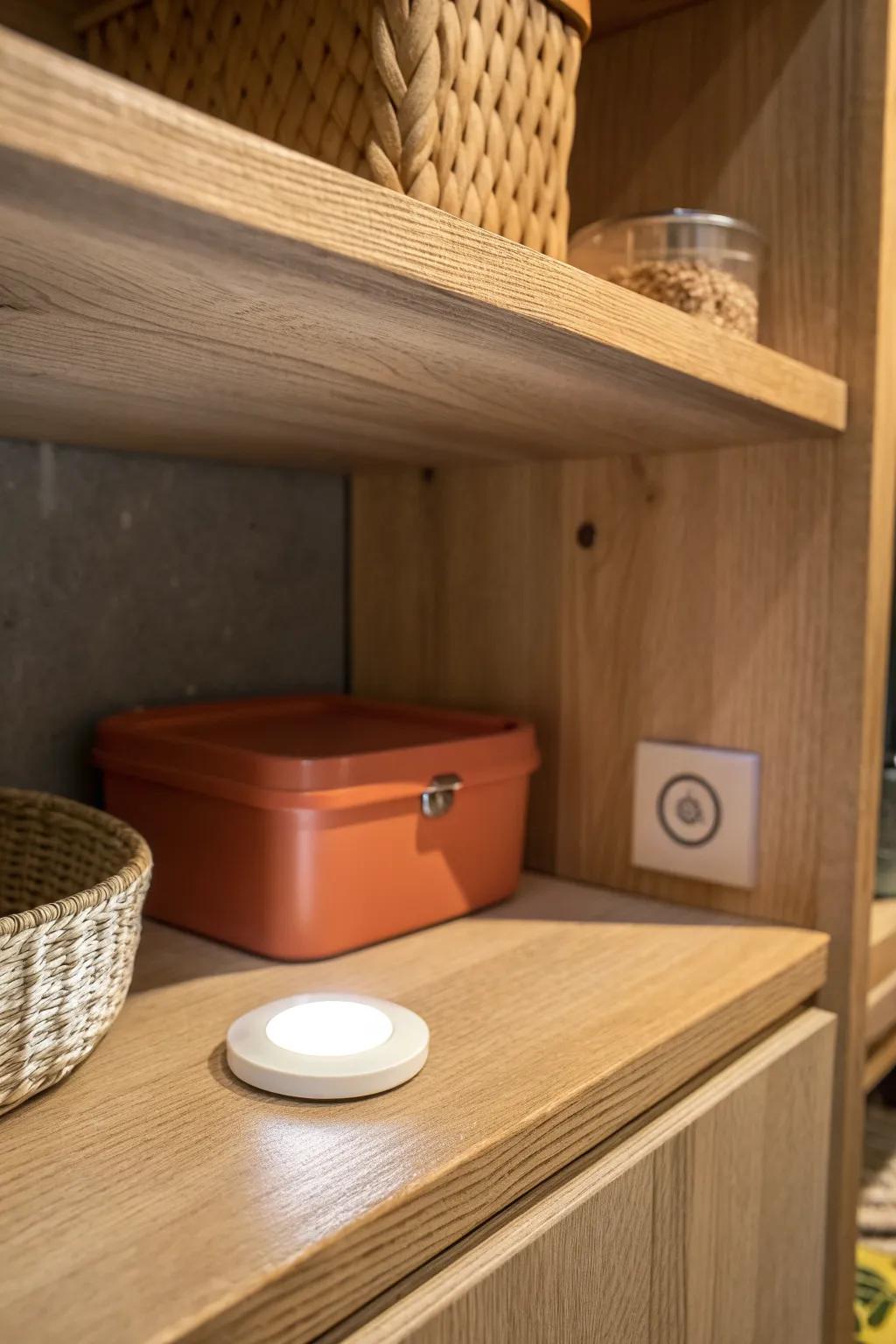 A motion-sensor puck light brightens the back of a corner cabinet—no rewiring needed.