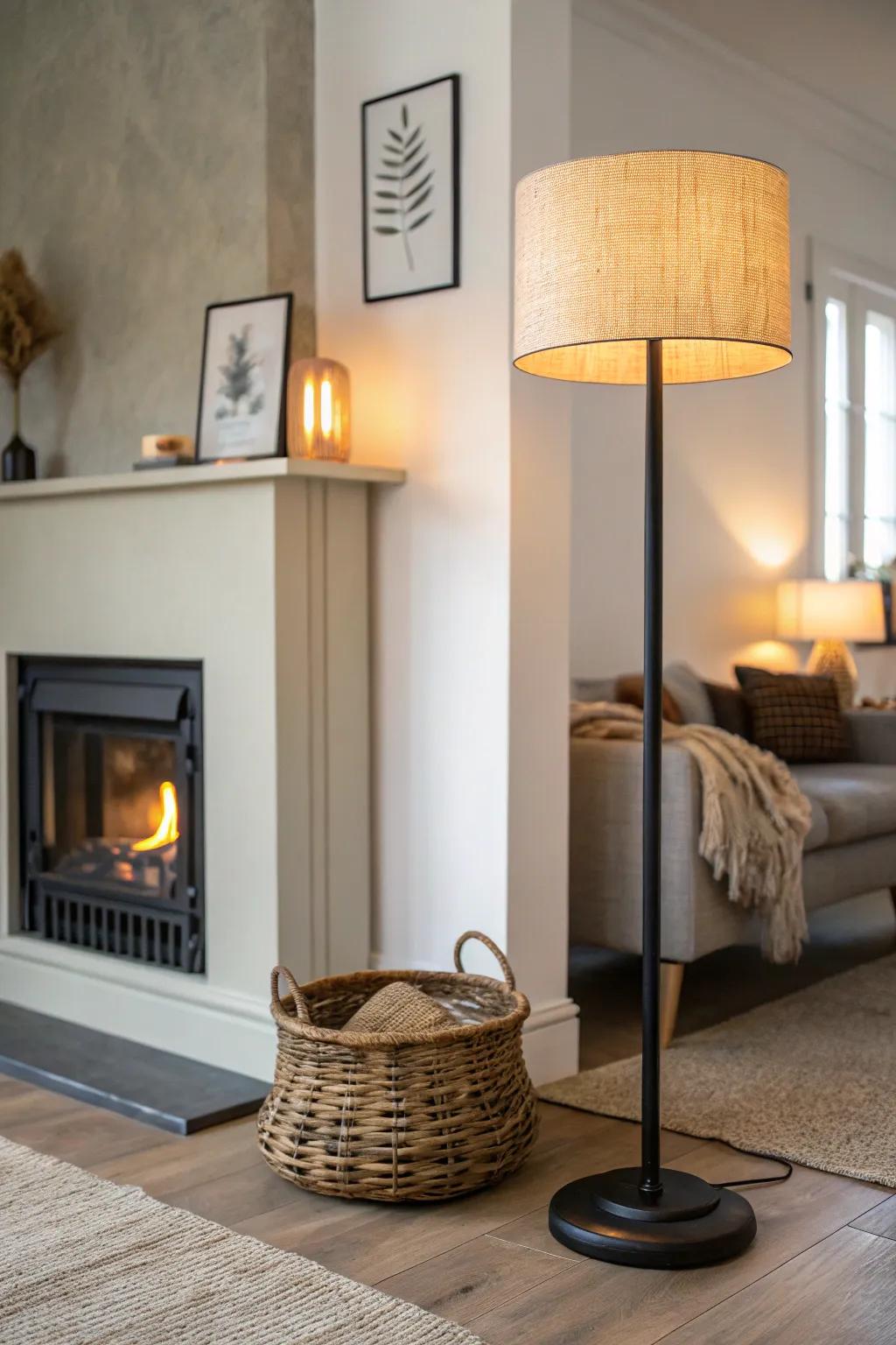 A slim floor lamp beside a corner electric fireplace turns a tight corner into a cozy lounge.