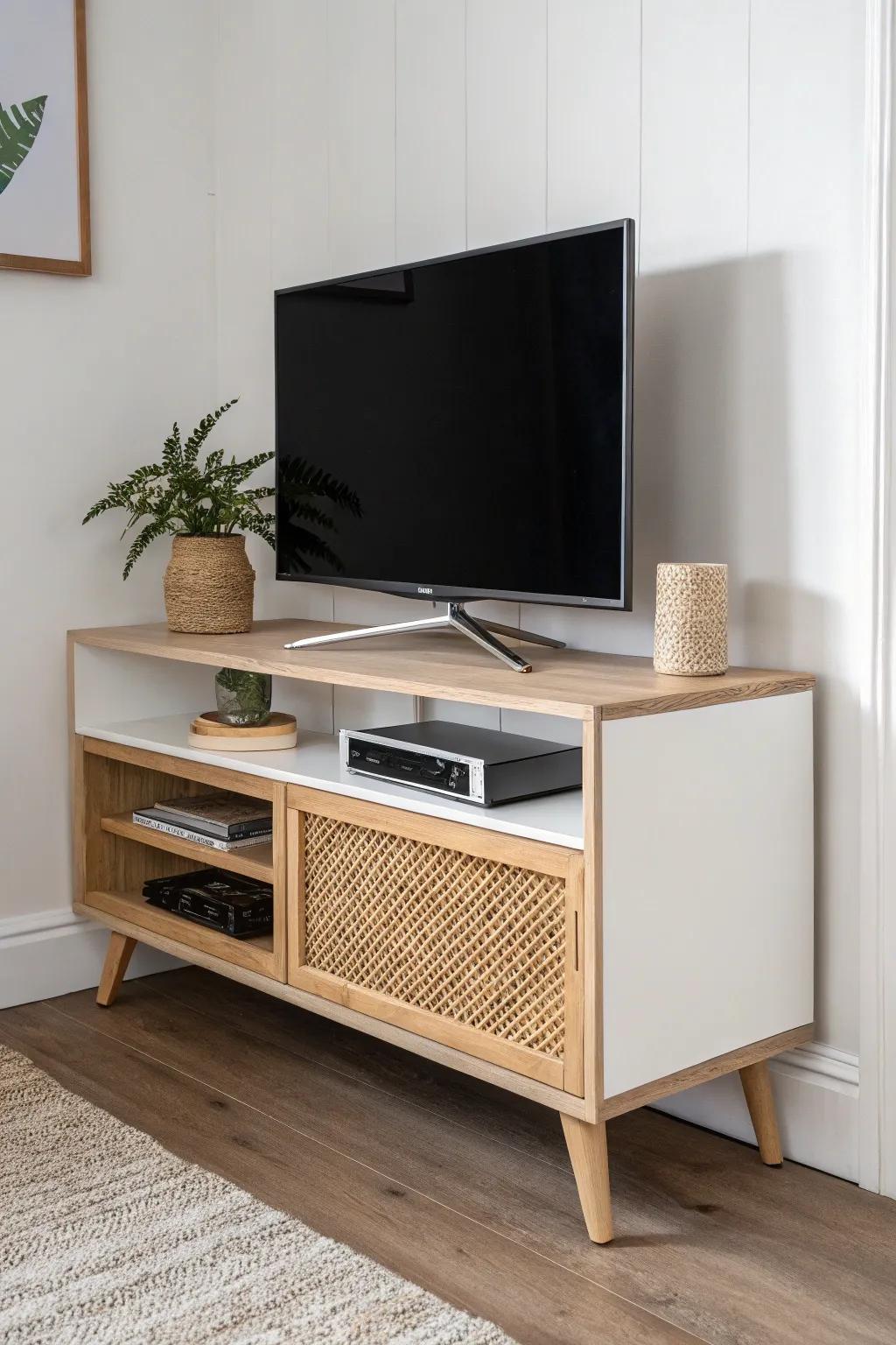 Angled corner shelf turns the TV toward your sofa—less glare, more style in tight rooms.