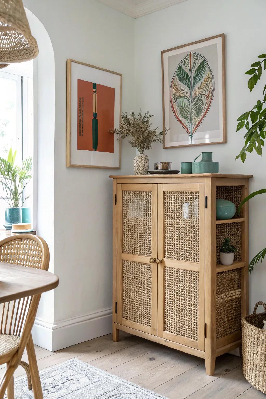 A corner cabinet that adds dining storage while keeping the space calm, curated, and bright.
