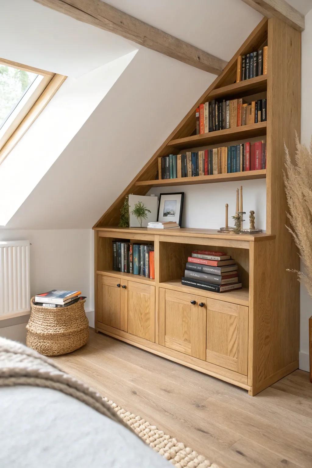 Make an under-eaves corner shine with a low micro library—clean lines, bold spines, cozy vibes.