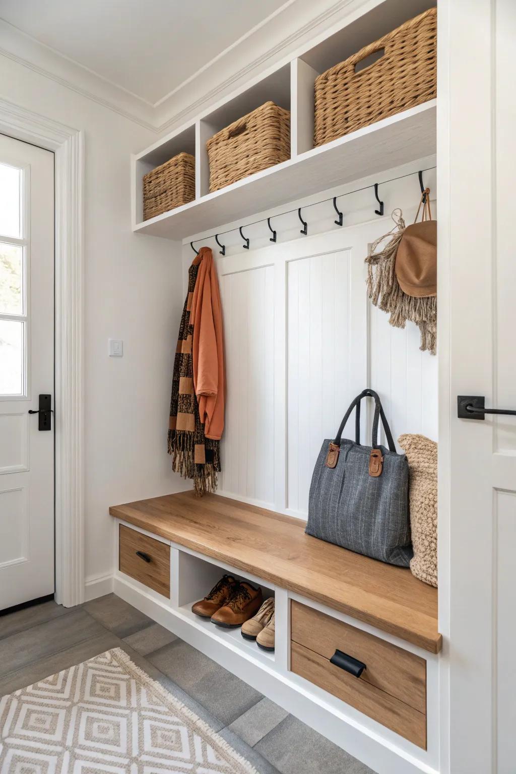 Tiny corner mudroom magic: bench, three hooks, one shelf—bye-bye apartment entry clutter.