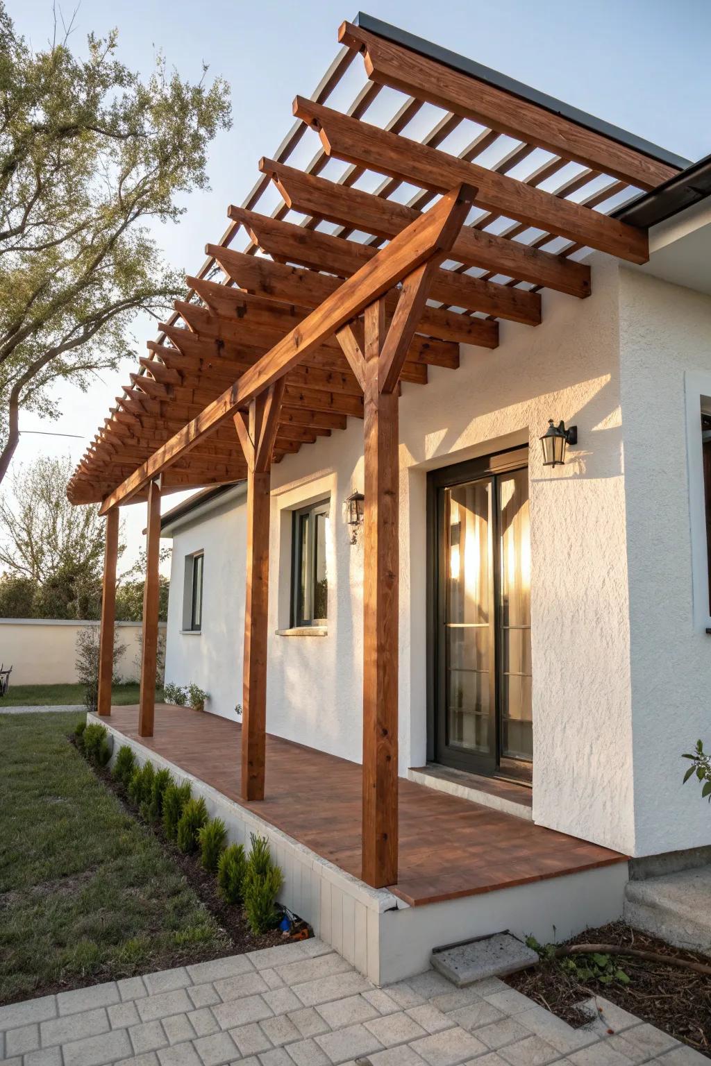 A roofline corner pergola adds airy shade and makes a tiny porch feel twice as big.