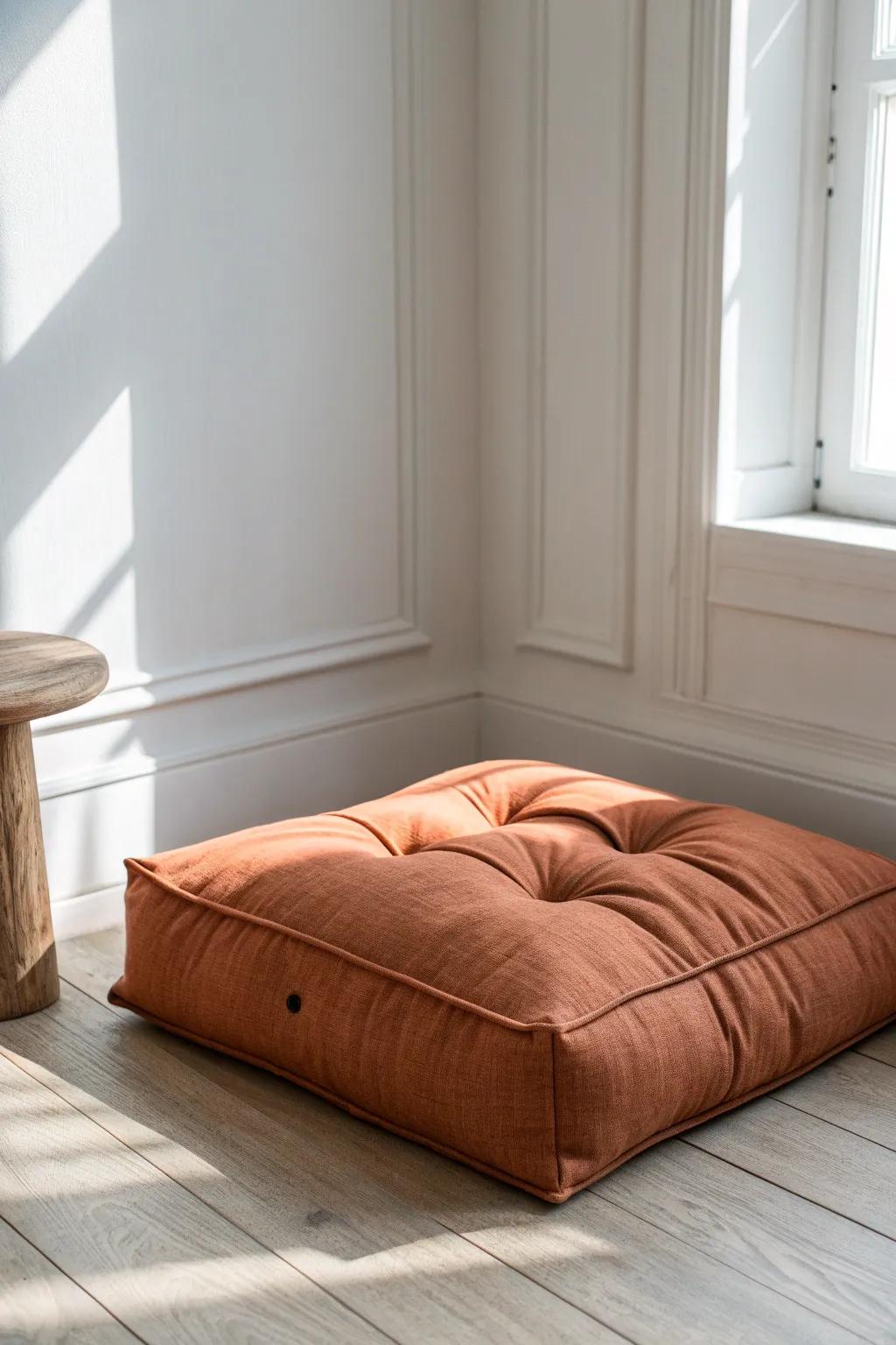 A bold terracotta floor cushion turns any tiny corner into a cozy, minimalist reading nook.
