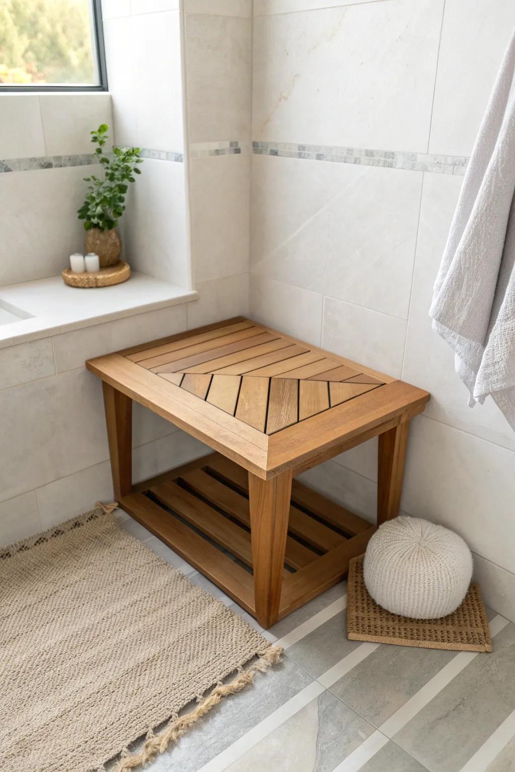 Warm wood-look tile corner bench—spa vibes with clean Scandinavian simplicity.